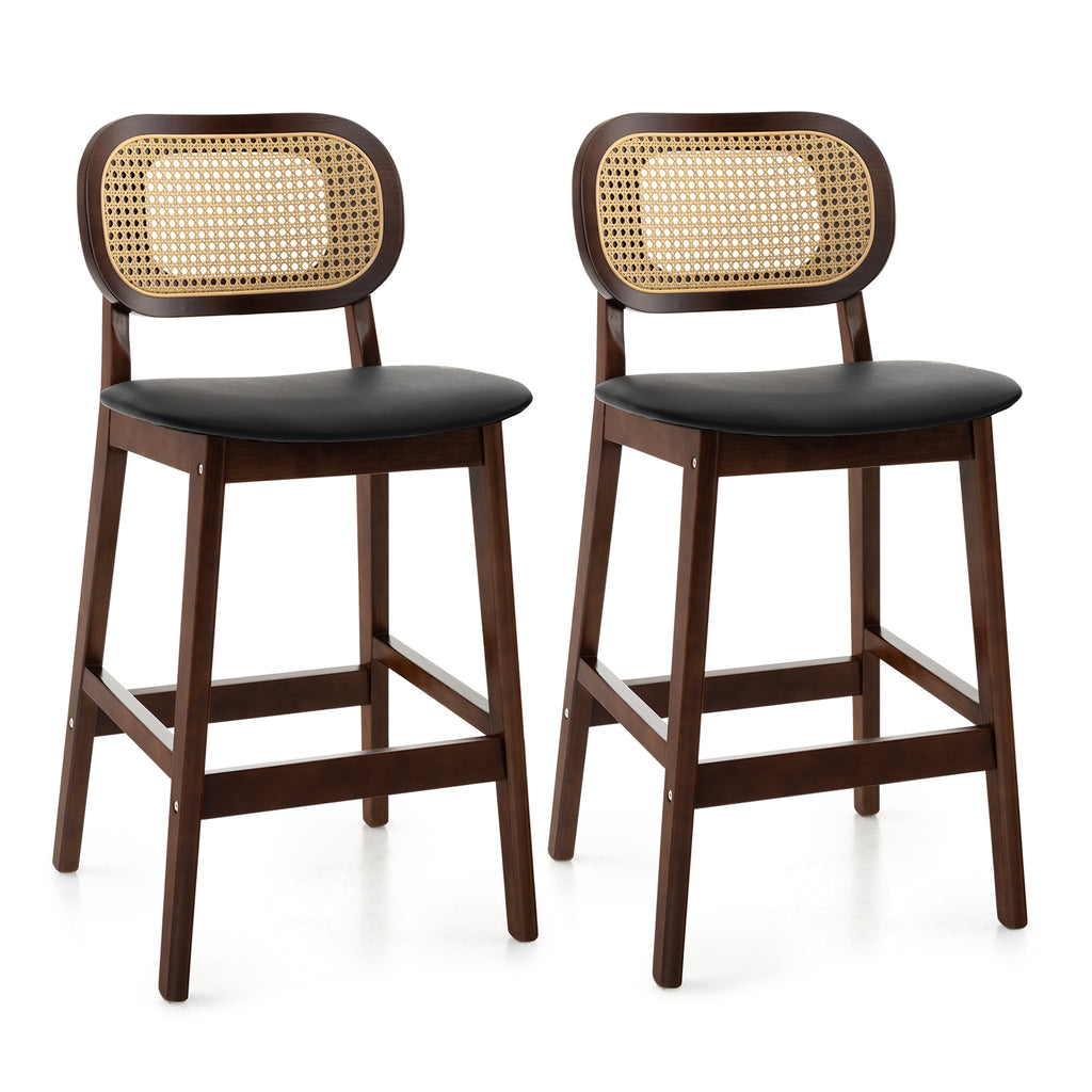 Bar Stool Set of 2 with PE Rattan Backrest, Padded Seat and Footrest