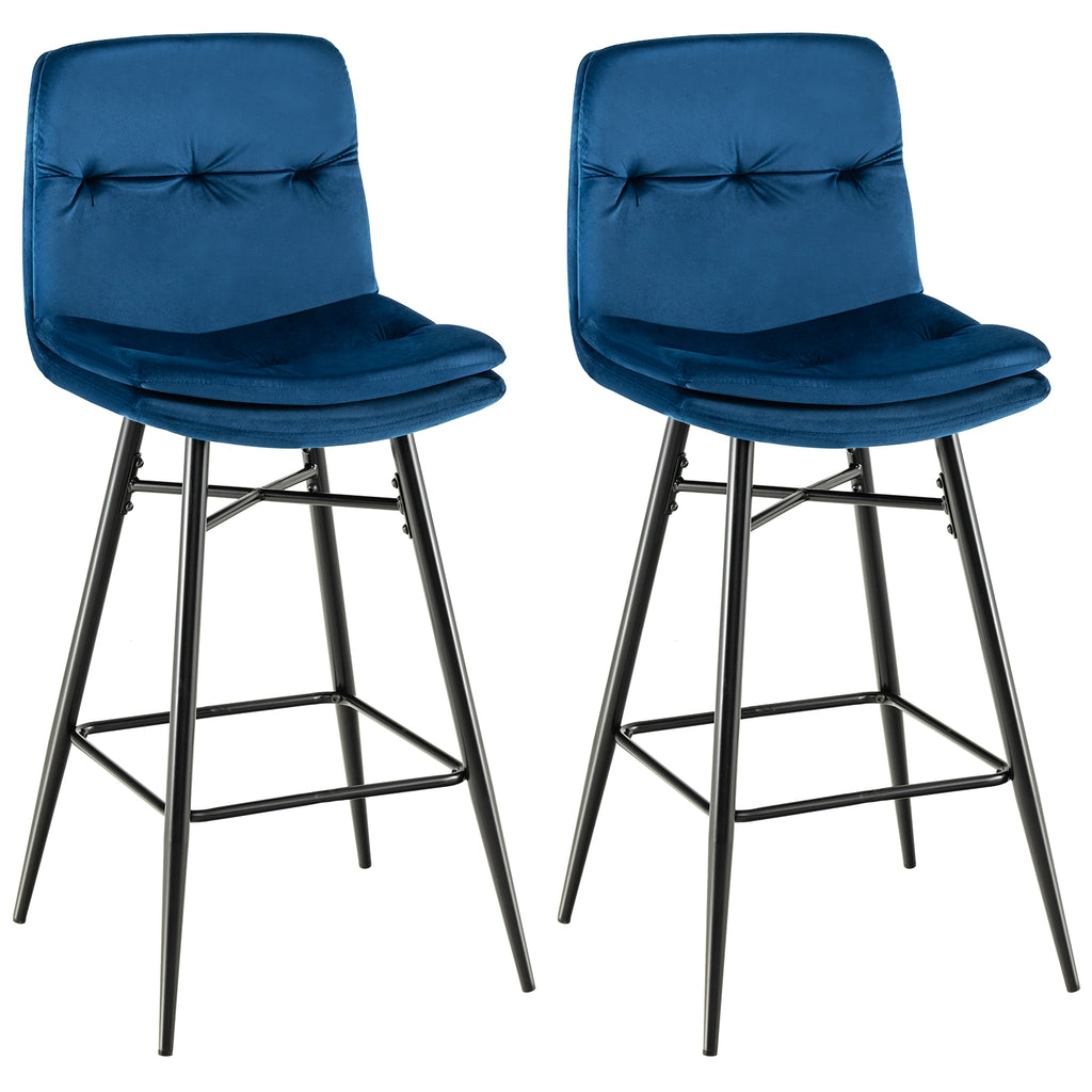 Bar Stools Set of 2 with Tufted Back, Metal Footrests and Legs-Blue