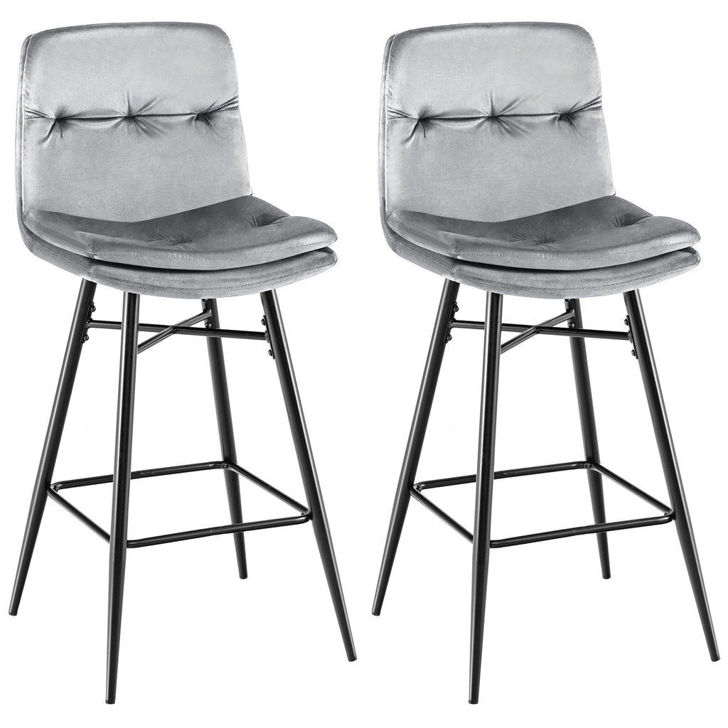 Bar Stools Set of 2 with Tufted Back, Metal Footrests and Legs-Grey