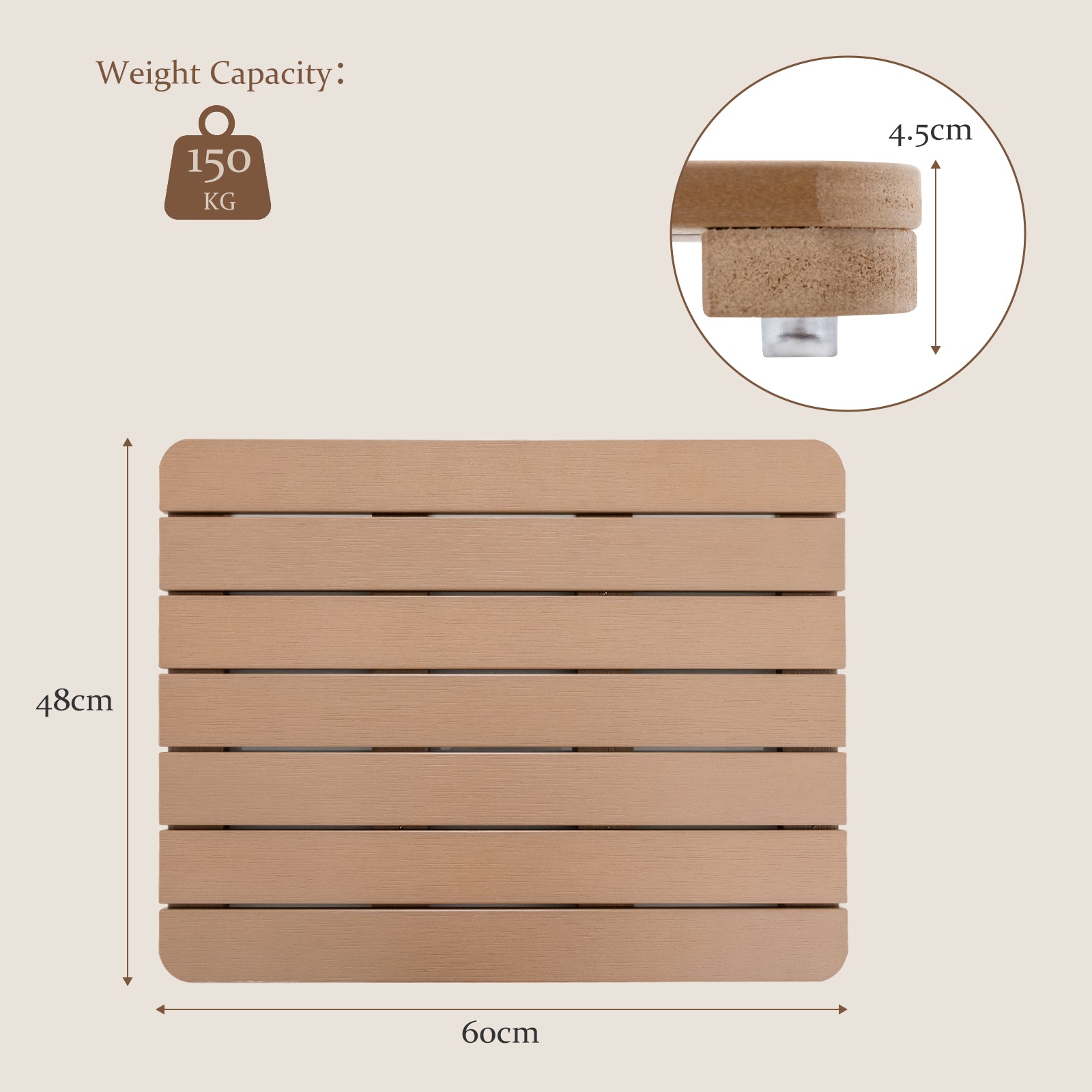 60 x 48 cm Bath Mat for Shower with Non Slip Foot Pads-Brown