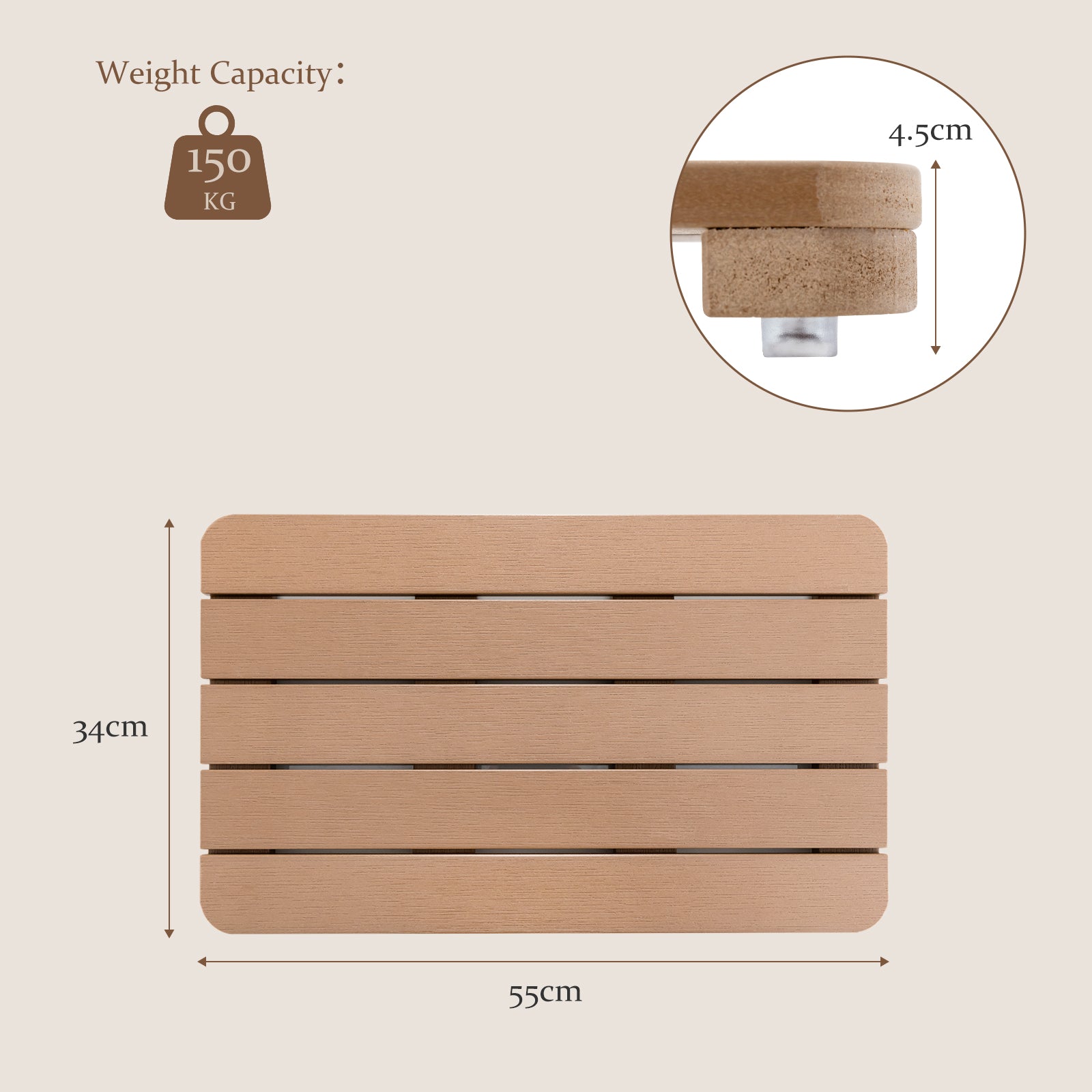 55 x 34 cm Bath Mat for Shower with Non Slip Foot Pads-Brown