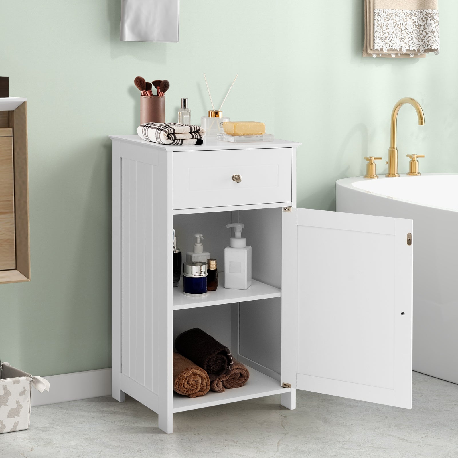 Bathroom Cabinet Floor Organizer with Single Door and Drawer-White