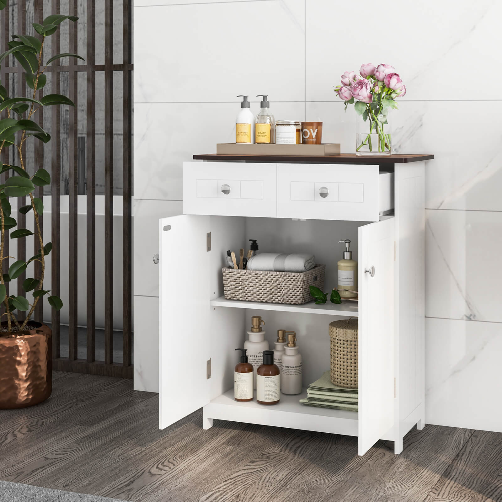 Bathroom Floor Cabinet with 2 Drawers and 2 Doors for Kitchen Entryway-White
