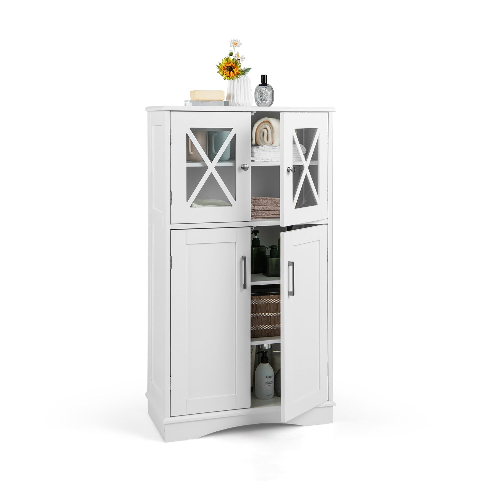 Bathroom Linen Storage Cabinet with Doors and Adjustable Shelves-White