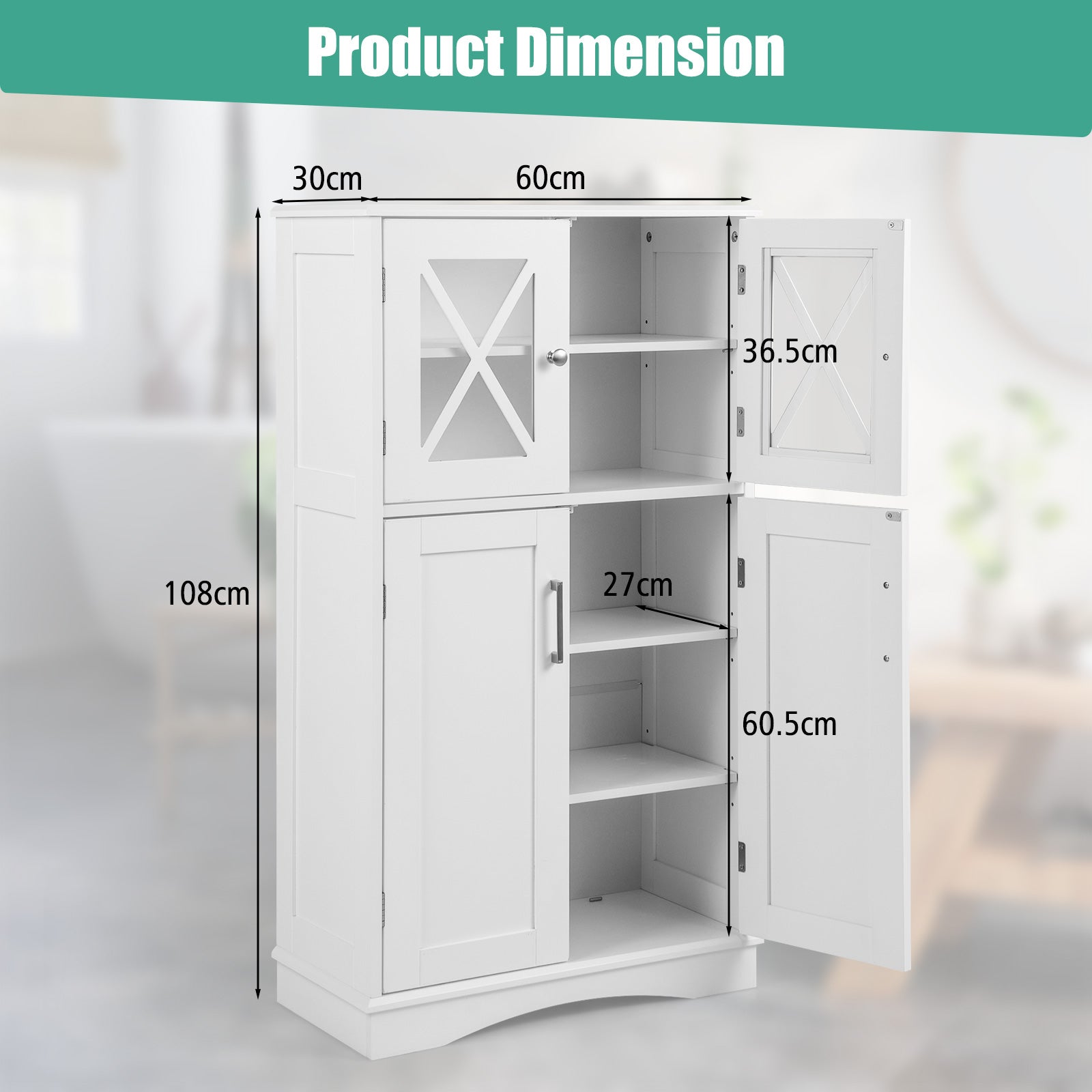 Bathroom Linen Storage Cabinet with Doors and Adjustable Shelves-White