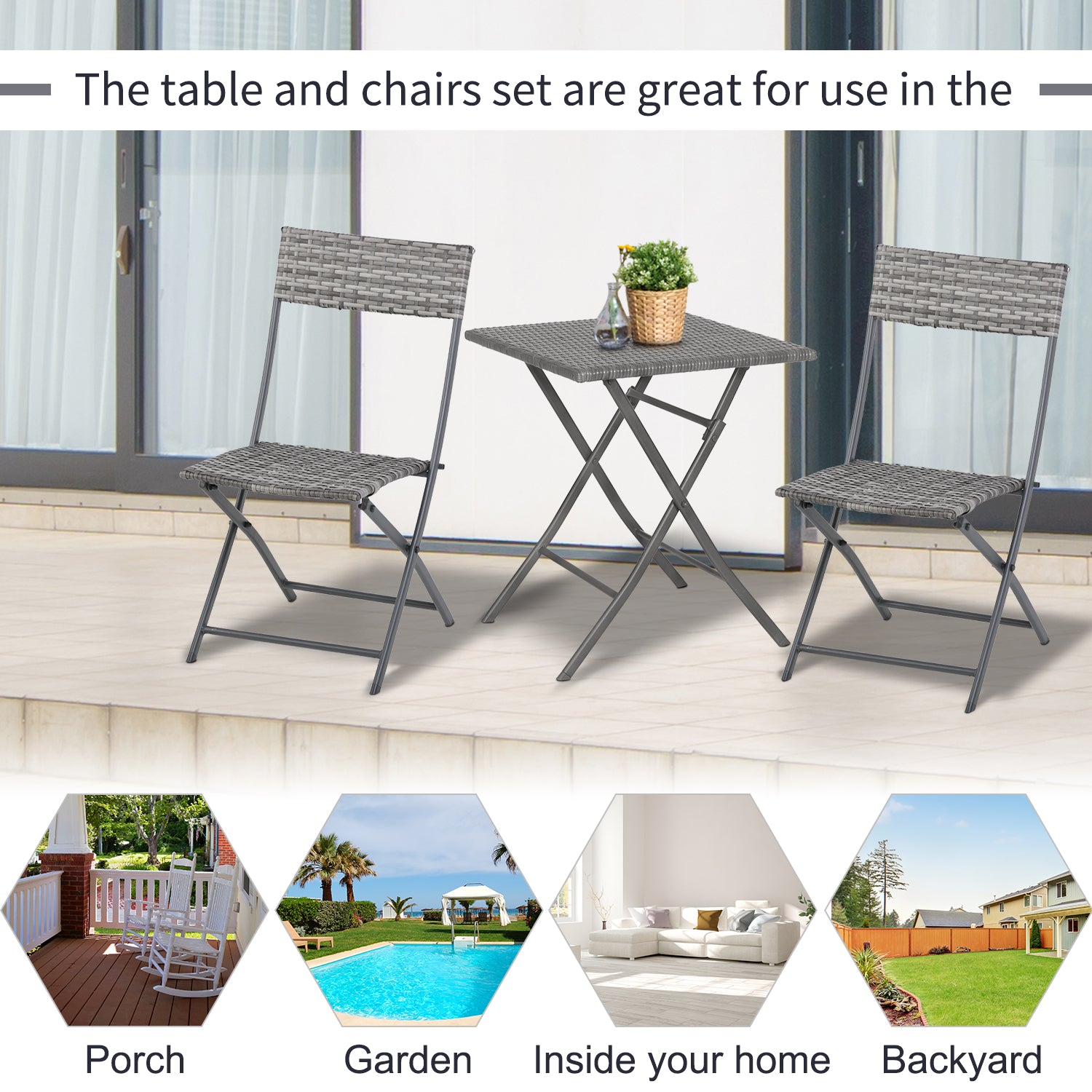 Outsunny PE Rattan Garden Furniture 2 Seater Patio Bistro Set Folding for 2 Outdoor Table and Chair Set (Grey) - Inspirely