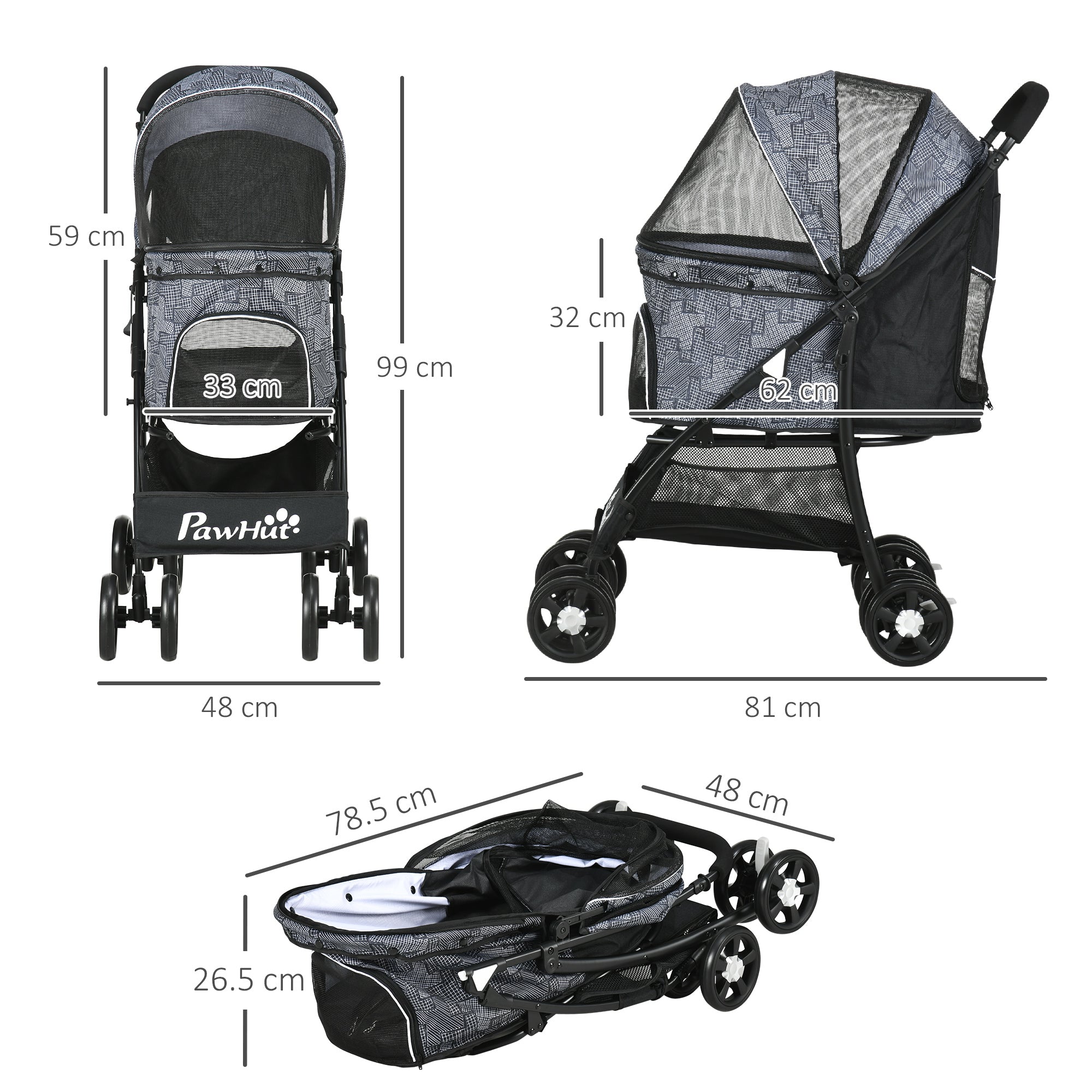 PawHut Pet Stroller Dog Pushchair Cat Travel Carriage Foldable Carrying Bag w/ Universal Wheels, Brake Canopy for XS & S Sized Pets, Grey