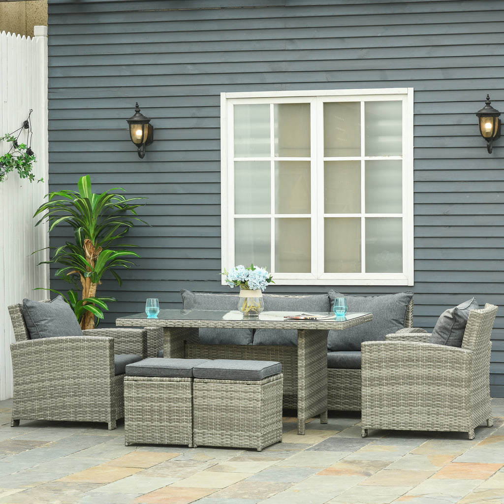 Outsunny 7-Seater Rattan Dining Set Sofa Table Garden Rattan Furniture Footstool Outdoor w/ Cushion, Grey - Inspirely