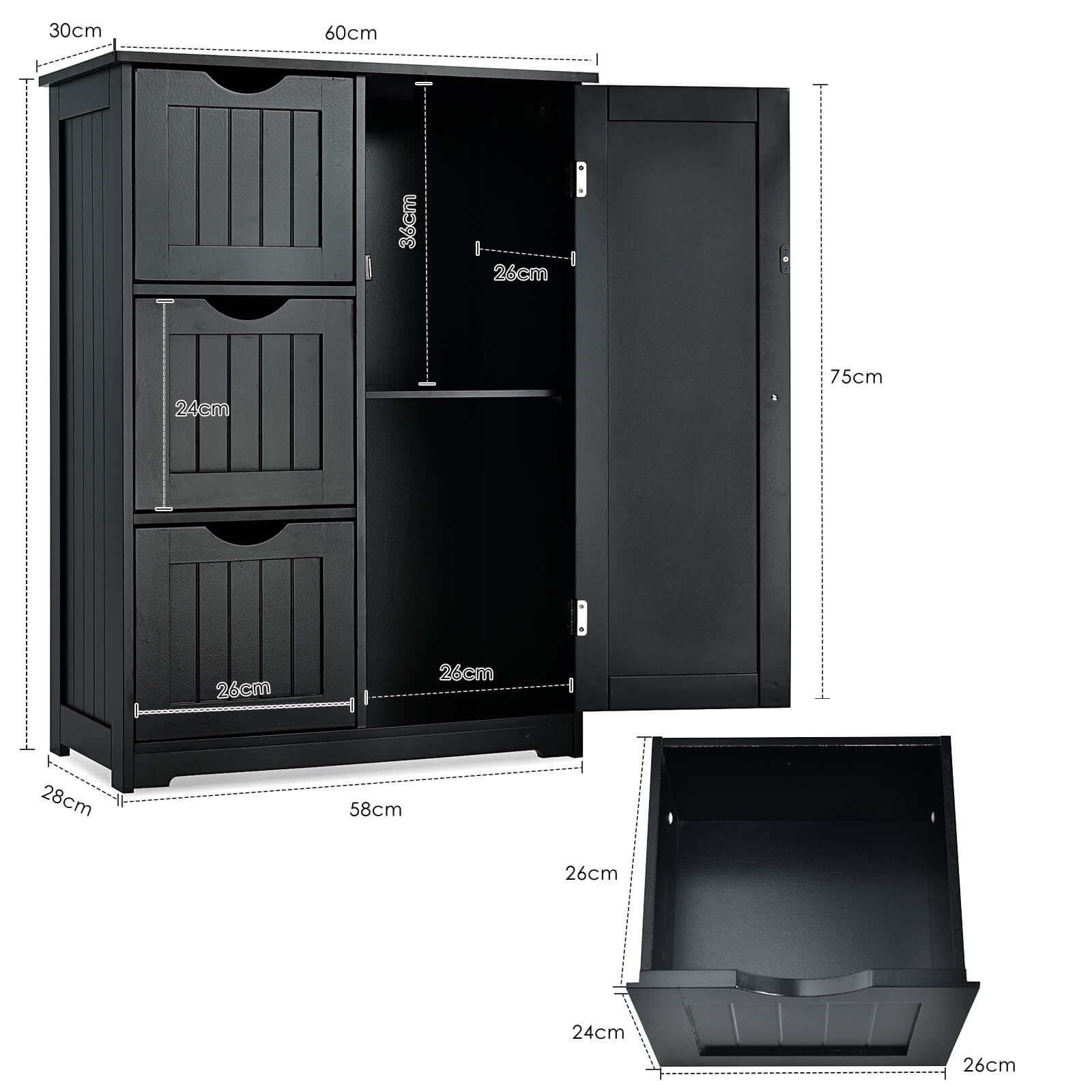 1 Door Freestanding Bathroom Cabinet with 3 Drawers Black