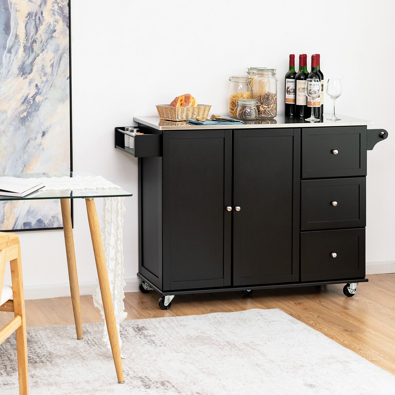 2-Doors Rolling Kitchen Island Cart with 3 Drawers-Black