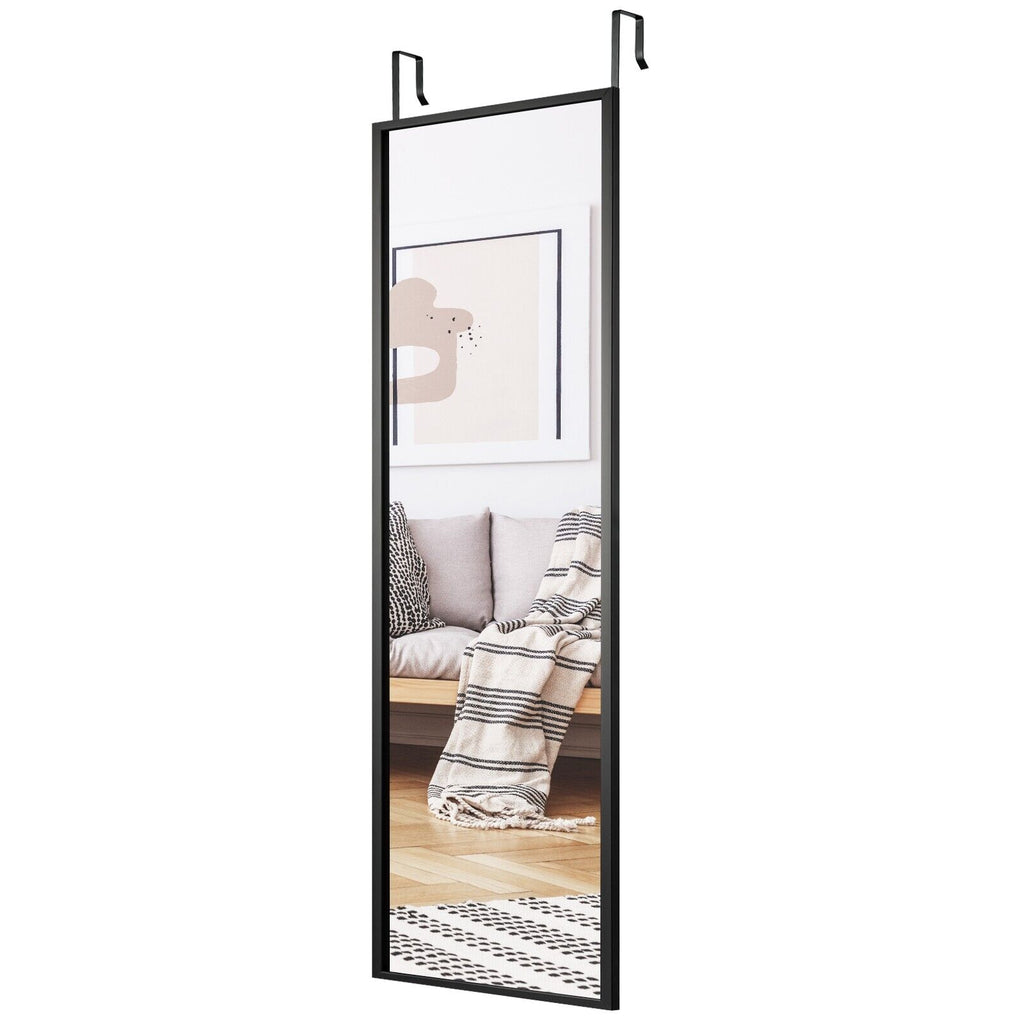 Full Length Wall-Mounted Mirror with Height Adjusting Hooks-Black