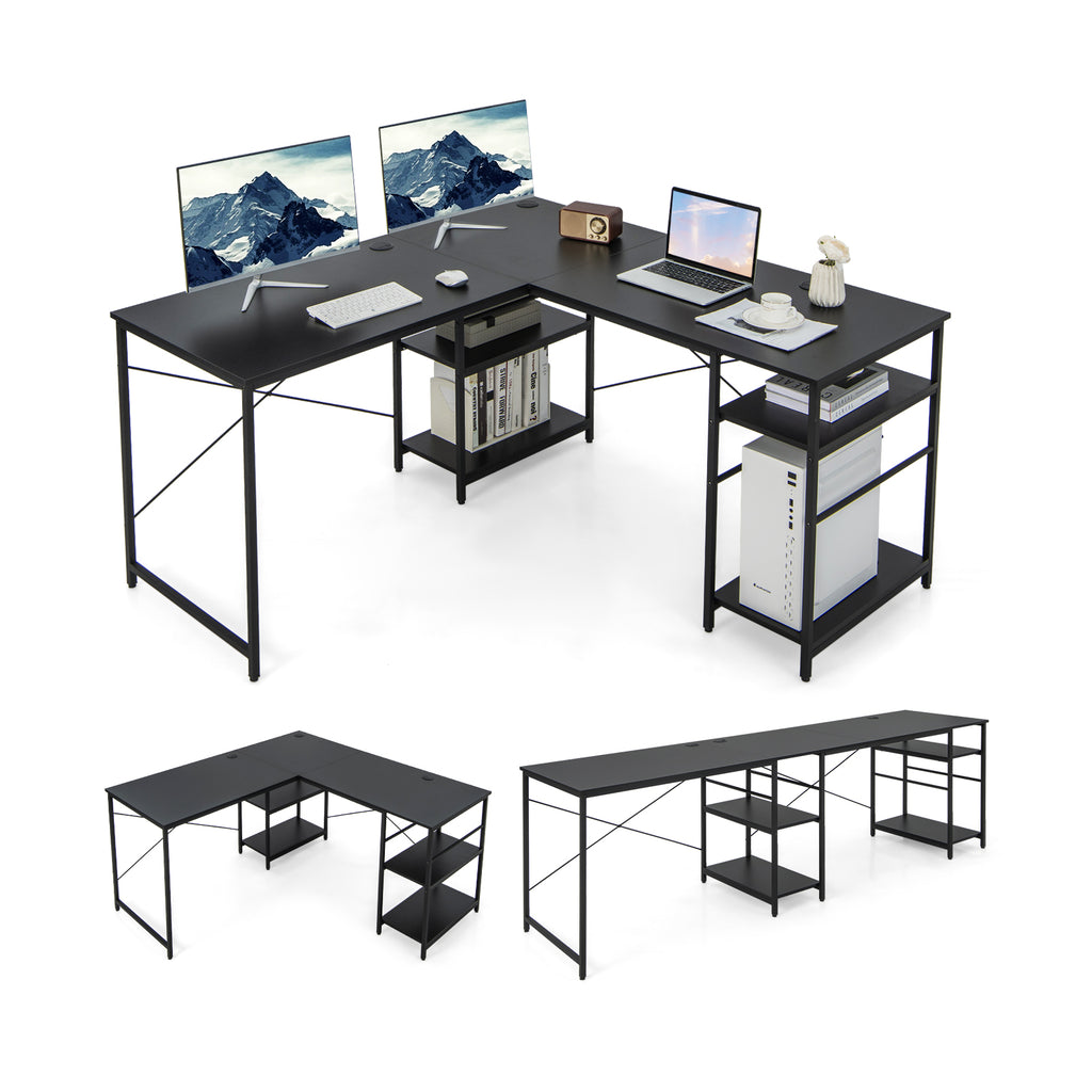 Wooden Industrial L-Shaped Desk with Storage Shelves-Black