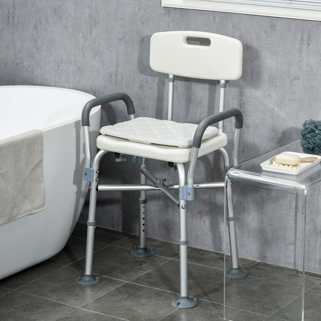 HOMCOM Aluminium Shower Chair with Backs and Arms, Height Adjustable Shower Seat with Removable Padded Cushion, Bath Stool for Seniors, Disabled, Pregnant, White
