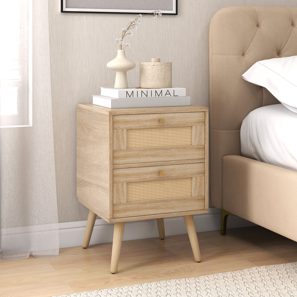 Boho Accent Rattan Nightstand Bedside Table with 2 Storage Drawers-Natural