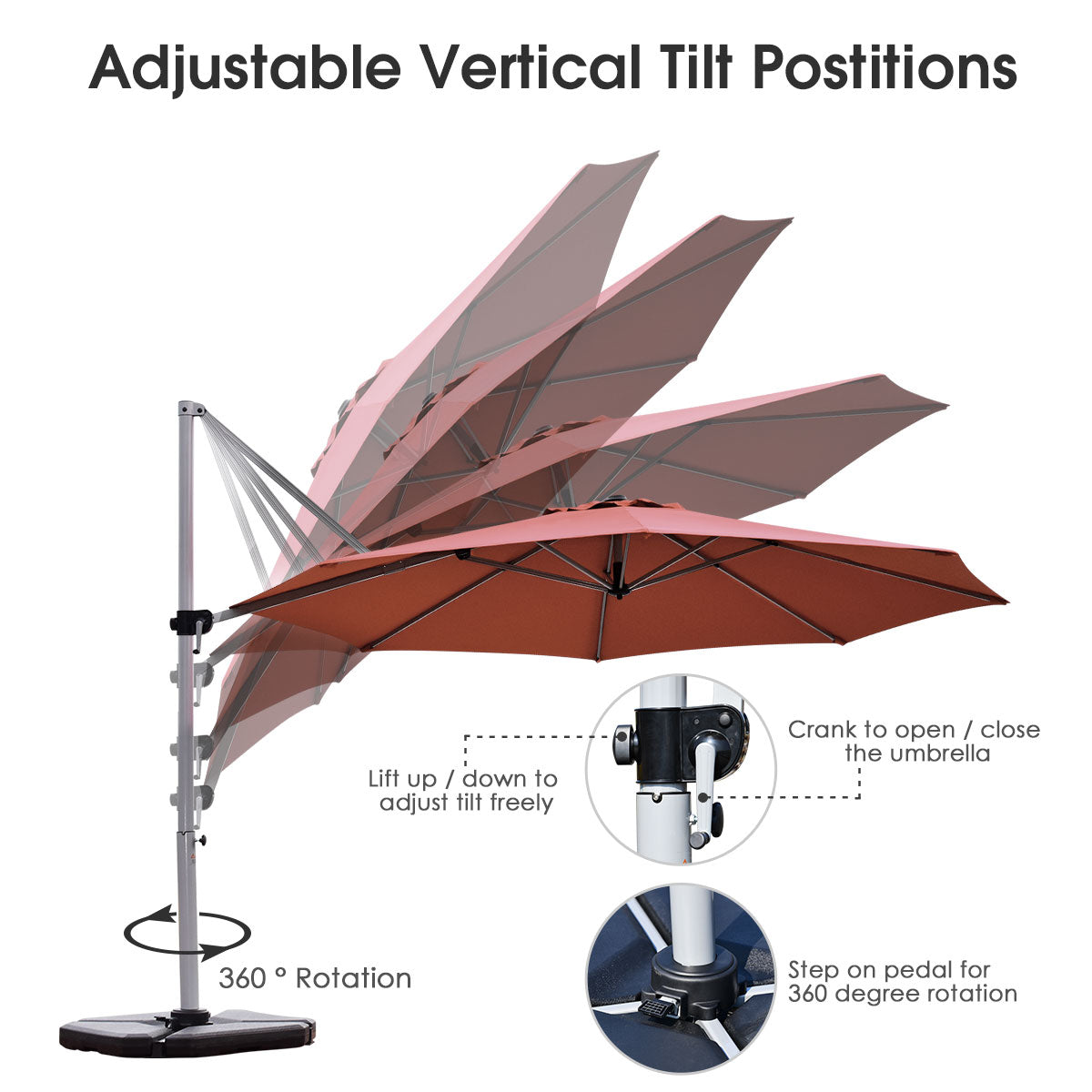 3.3m Patio Cantilever Umbrella with Tilting Adjustment and Cross base-Brick Red