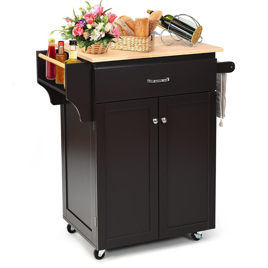 2-Door Kitchen Trolley Cart with Drawer and Spice Rack-Brown