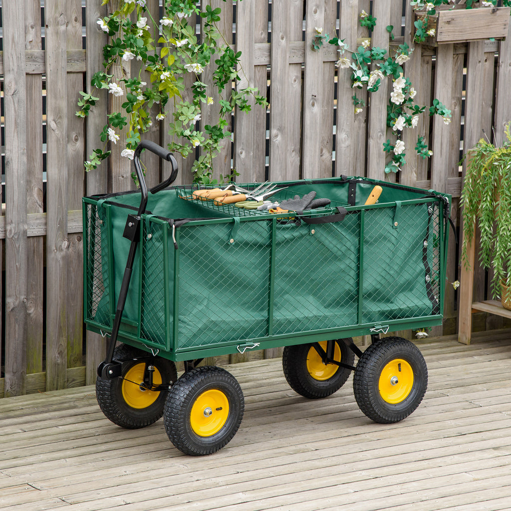 Outsunny Large 4 Wheel Heavy Duty Garden Cart Truck Trolley Wheelbarrow with Handle and Metal Frame - Green - Inspirely