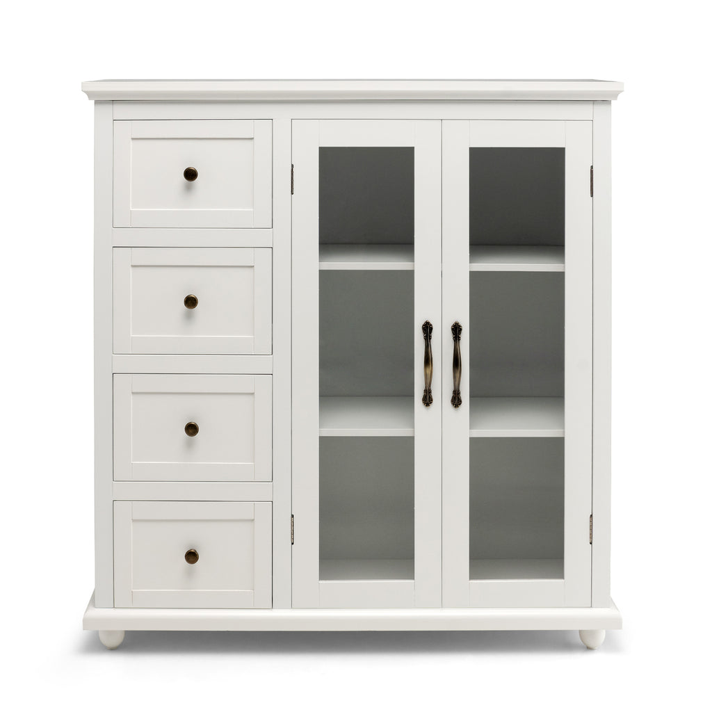 Buffet Sideboard with Glass Doors, 4 Drawers and Adjustable Shelf-White