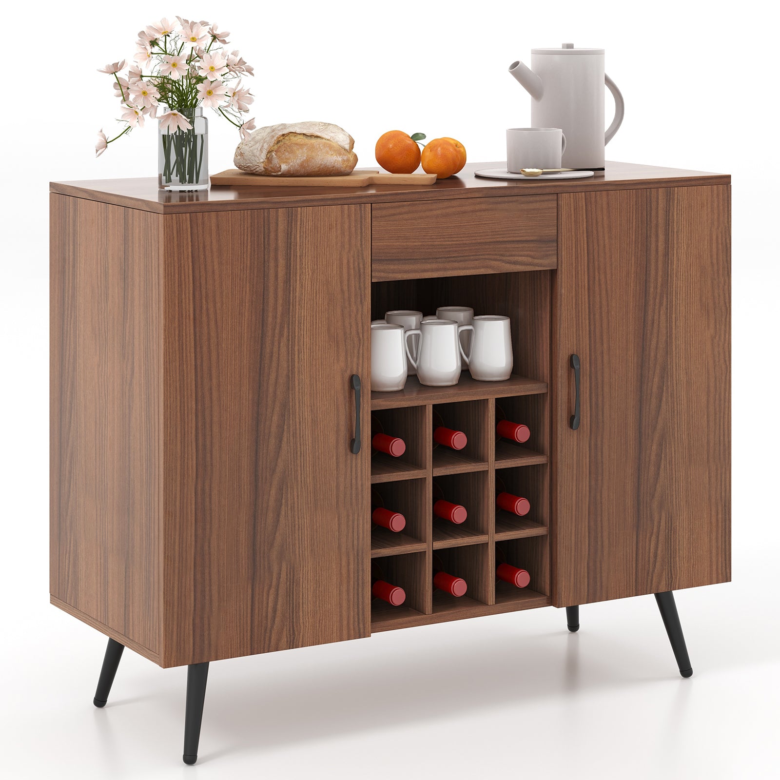 Mid-century Modern Buffet Server Cabinet with Adjustable Shelves-Walnut