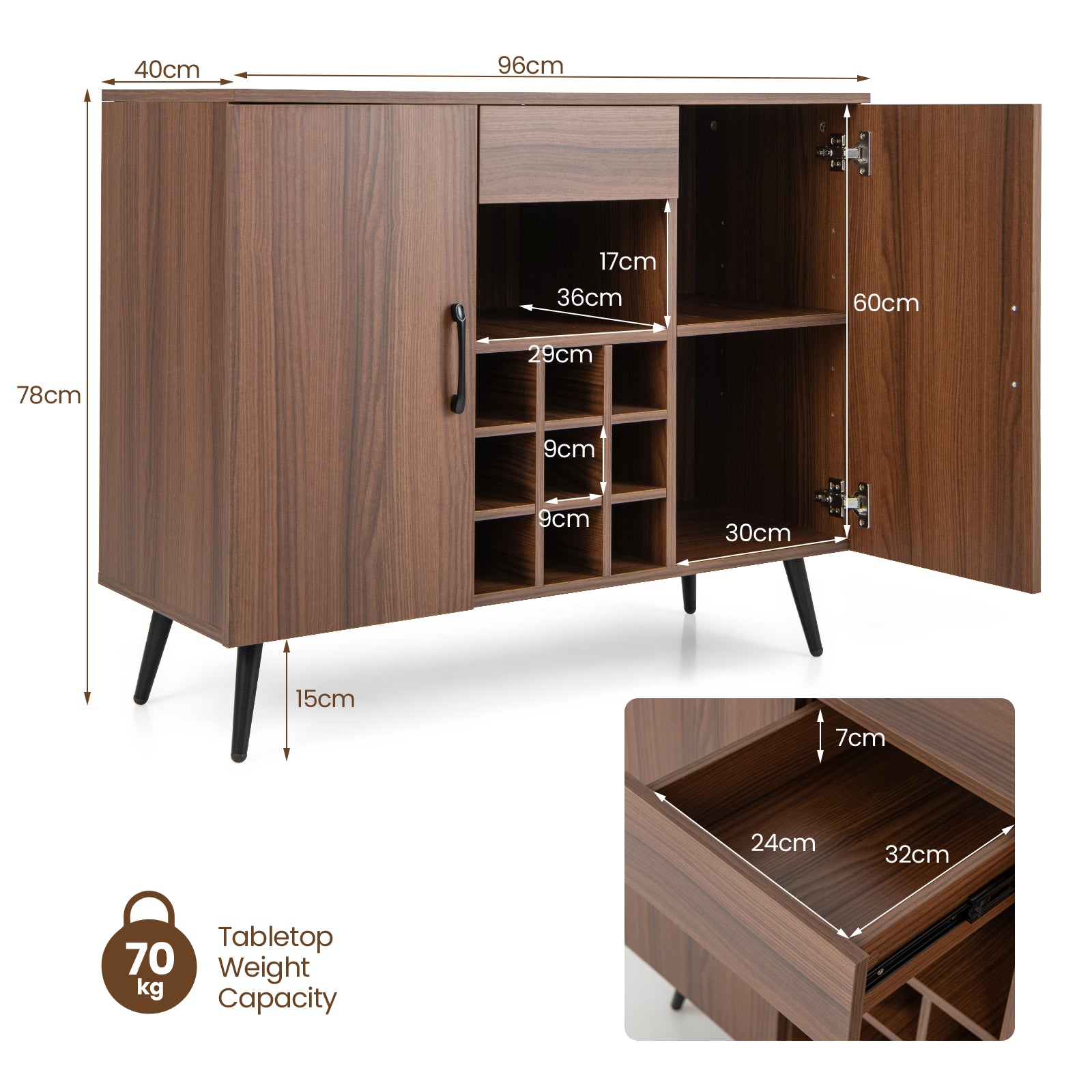 Mid-century Modern Buffet Server Cabinet with Adjustable Shelves-Walnut