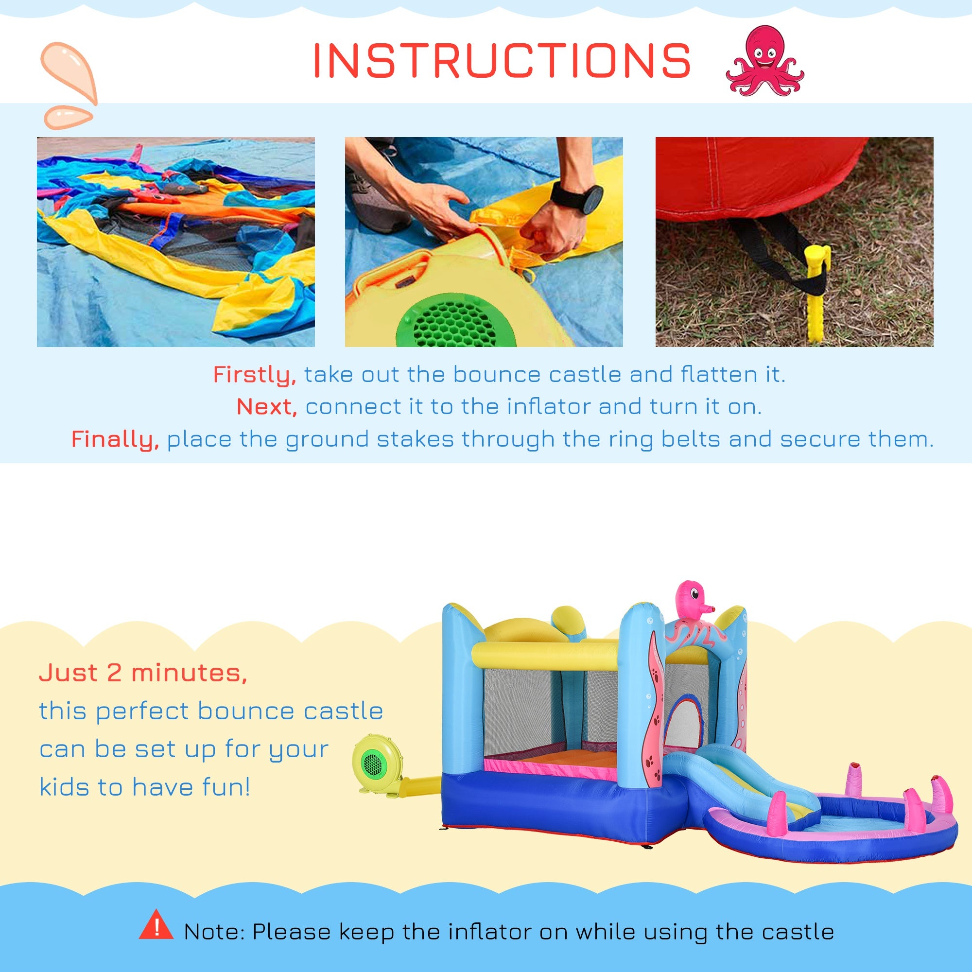 Outsunny Kids Bounce Castle House Inflatable Trampoline Slide Water Pool 3 in 1 with Inflator for Kids Age 3-12 Octopus Design 3.8 x 2 x 1.8m - Inspirely