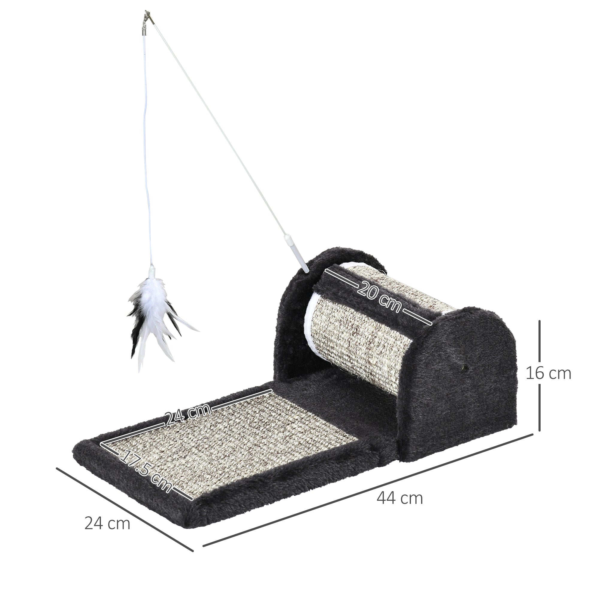 PawHut Cat Scratcher Sisal Scratching Pad Mat Board Kitten Toy with Roller Feather Teaser, 44 x 24 x 16 cm, Grey - Inspirely