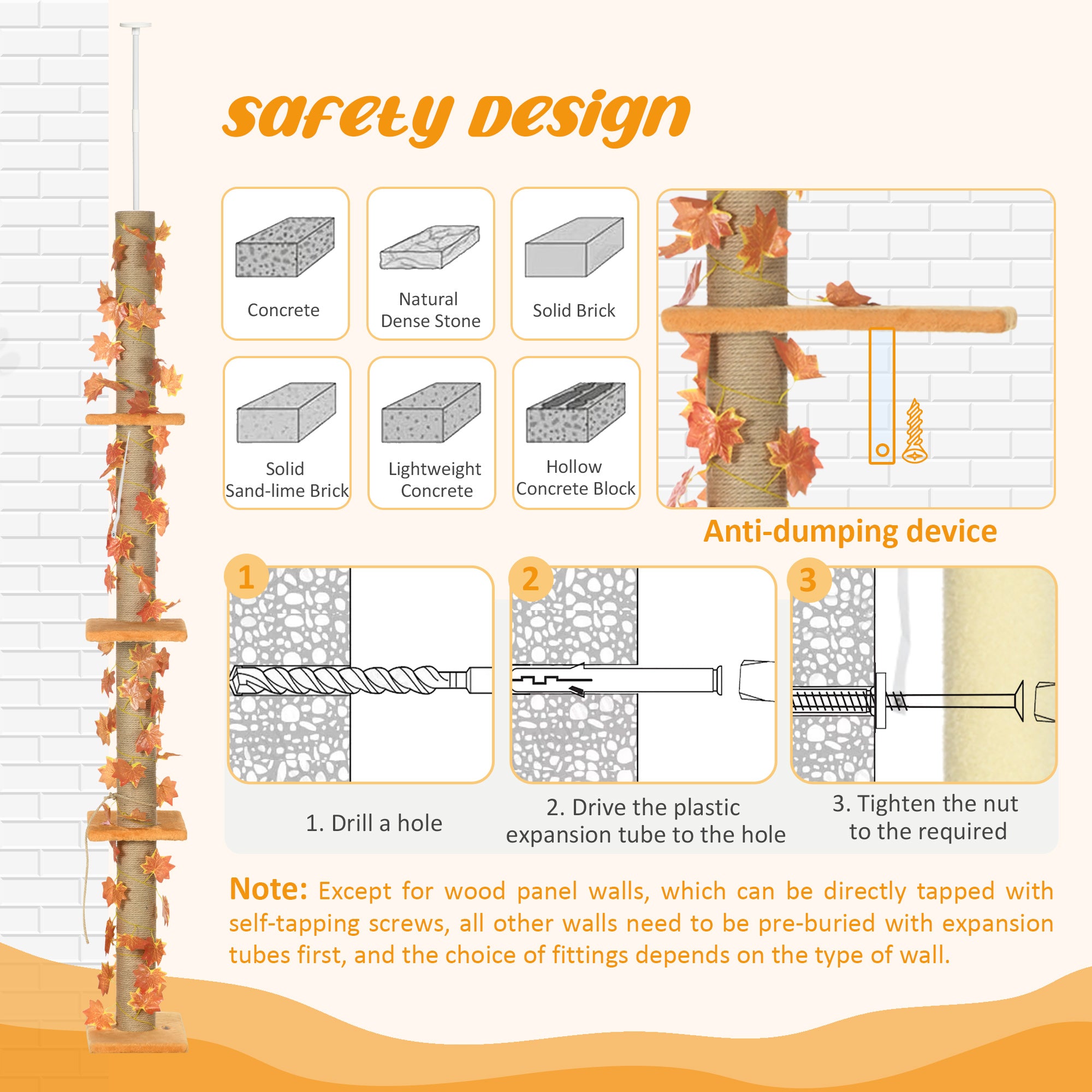 PawHut 202-242cm Height Adjustable Floor to Ceiling Cat Tree for Indoor Cats with Sisal Scratching Post, 3- Tier Cat Tower Climbing Activity Centre with Platforms, Leaves, Orange