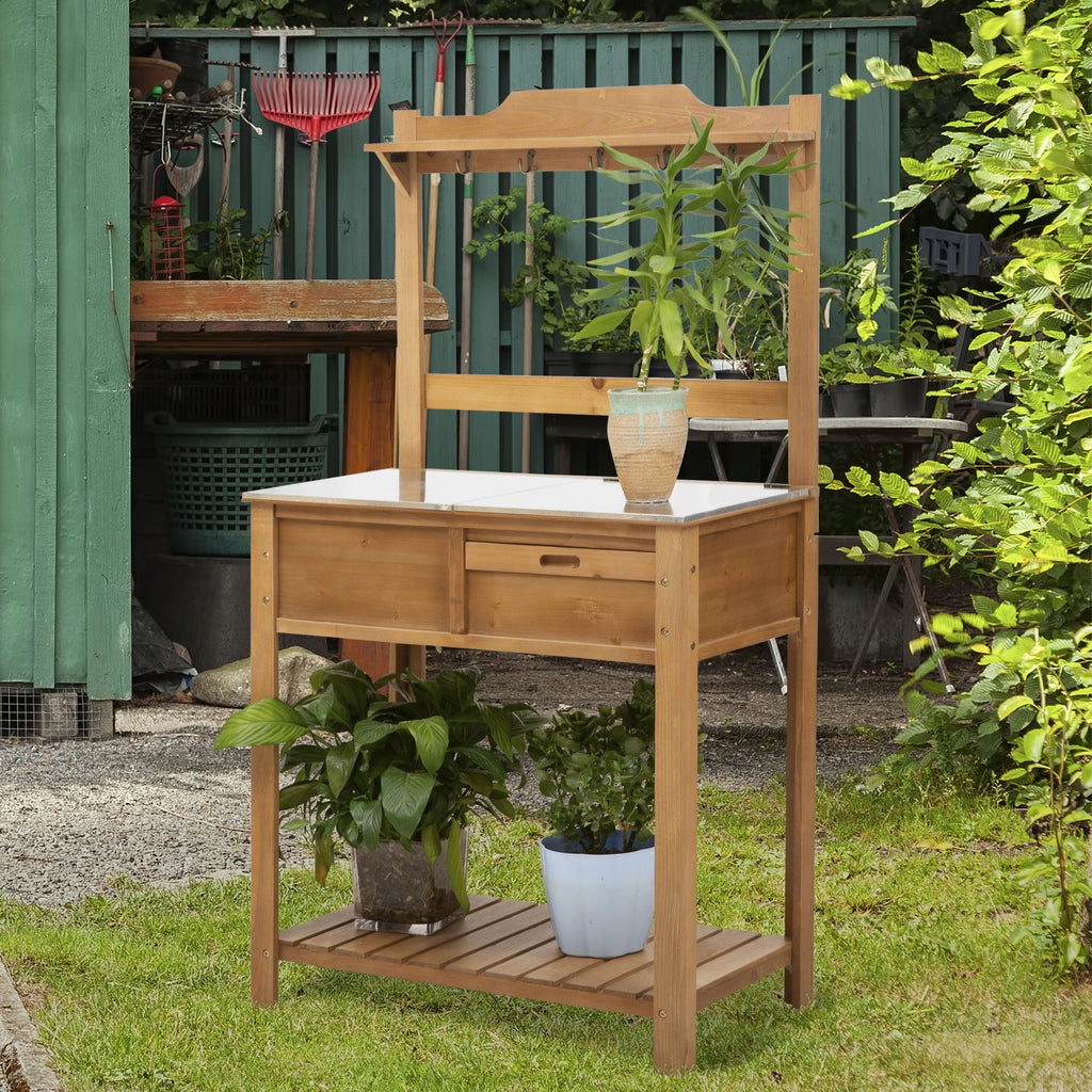 Outsunny Wooden Spacious Garden Potting Table with Large Storage Space Galvanized Metal Workstation Sink Shelves 80L x 42W x 142H cm - Inspirely