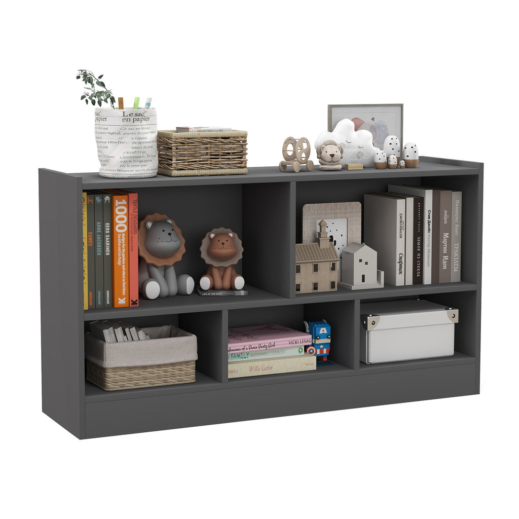 2-Tier Wooden Kids Bookcase with 5 Compartments for Playroom Study-Grey