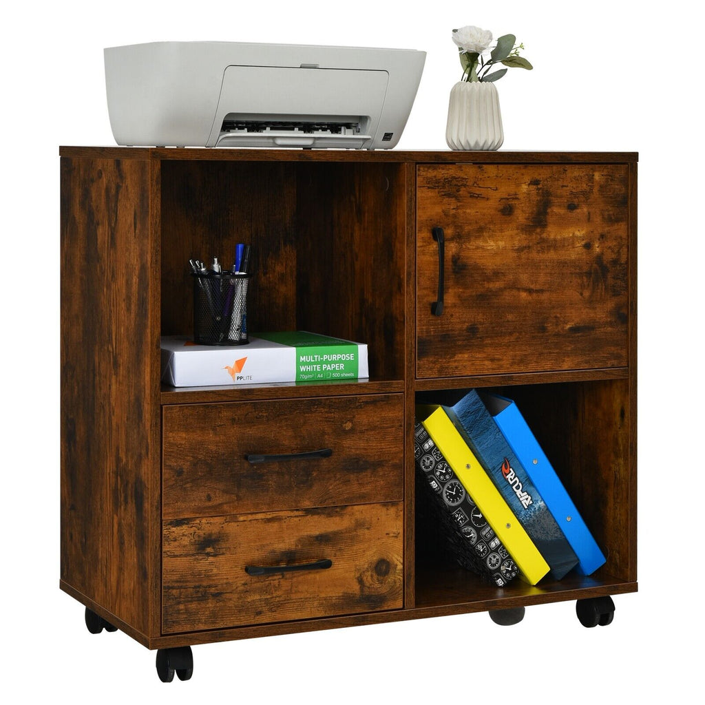 Home Office Mobile File Cabinet with 2 Drawers 2 Open Shelves and Door Rustic Brown