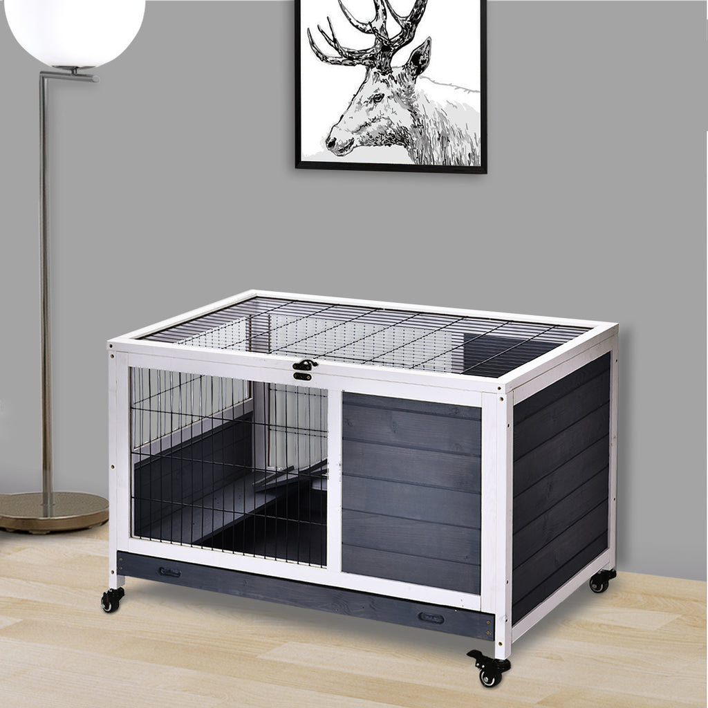 PawHut Rabbits Indoor Fir Wood Lift-Top Hutch Grey - Inspirely