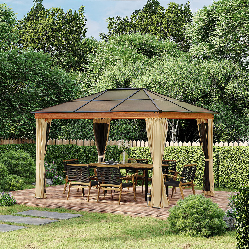 Outsunny 3 x 3.6 m Hardtop Gazebo Canopy with Polycarbonate Roof, Aluminium and Steel Frame, Nettings and Sidewalls for Garden, Patio, Khaki
