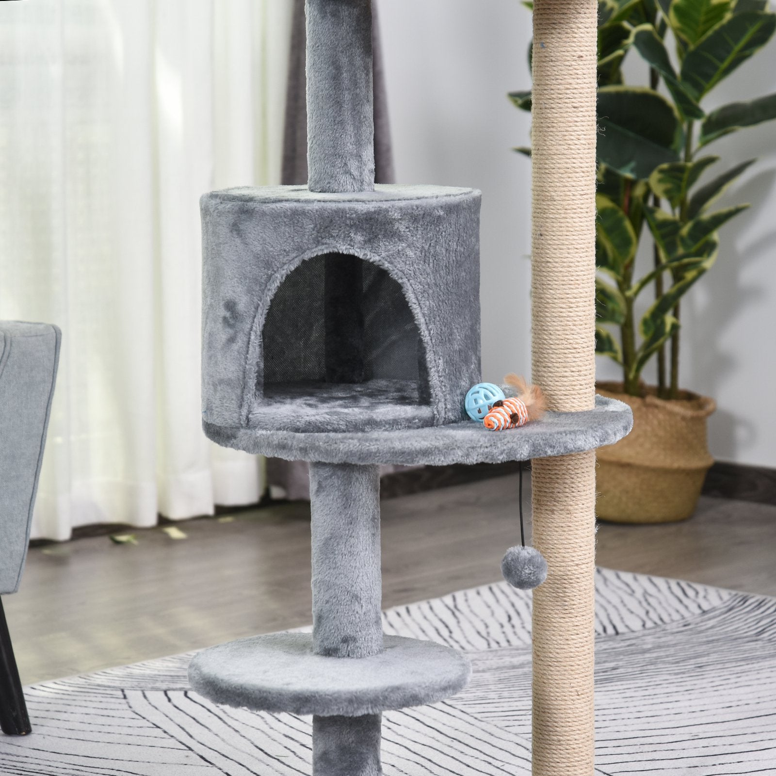 PawHut 3-Tier Deluxe Cat Activity Tree w/ Scratching Posts Ear Perch House Platform Play Ball Plush Fun Toys Exercise Rest Relax Climb Grey - Inspirely