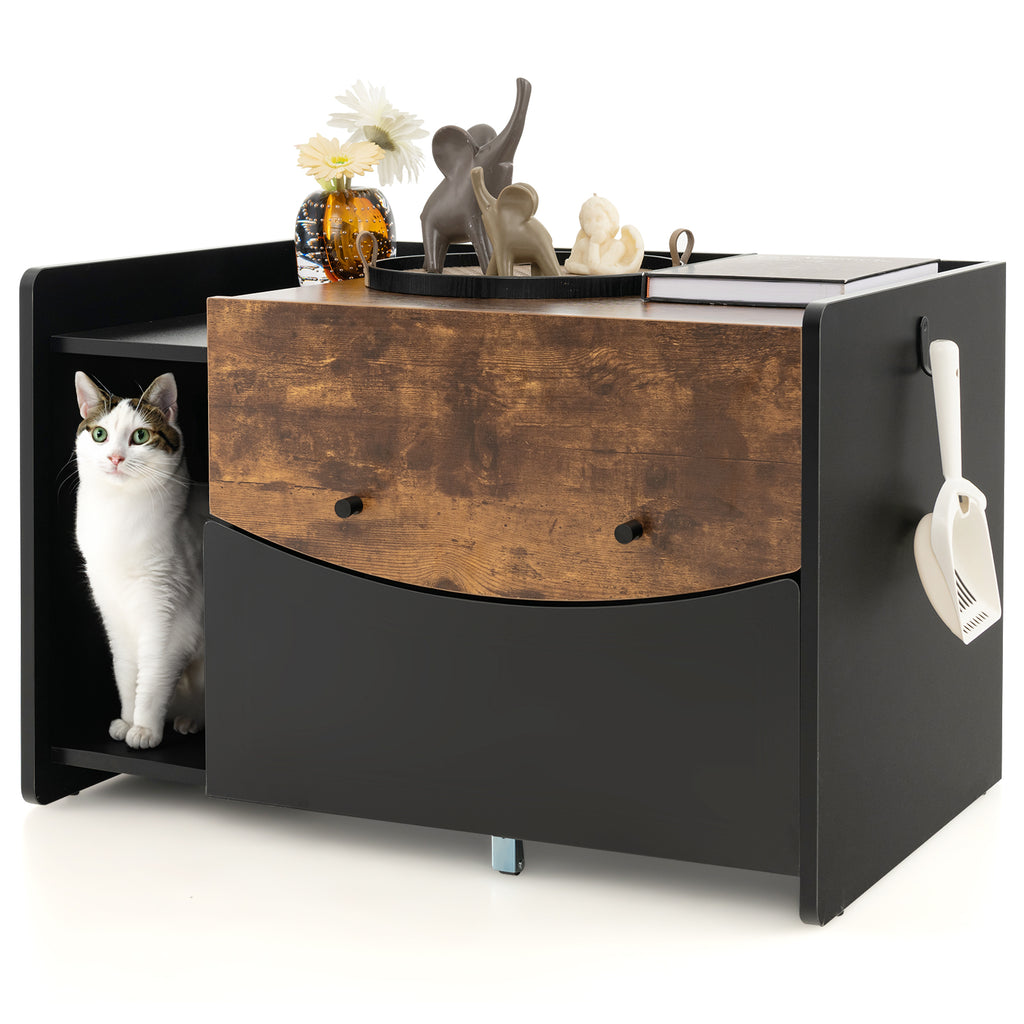 Cat Litter Box Enclosure with Pull-out Drawer, Rolling Caster and Flip Door-Black Brown
