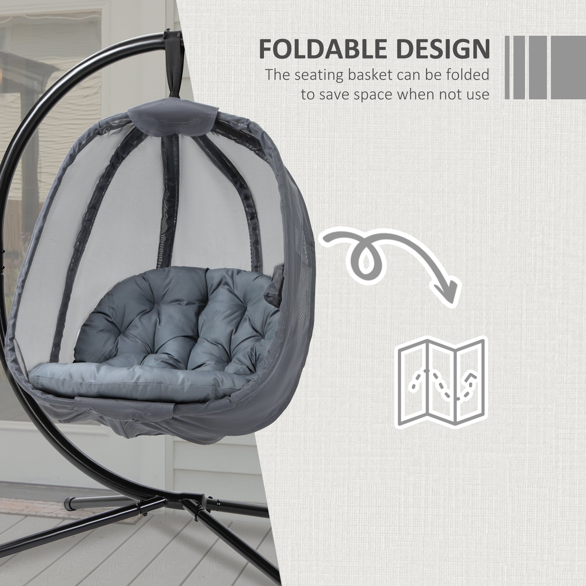 Outsunny Hanging Egg Chair, Folding Swing Hammock with Cushion and Stand for Indoor Outdoor, Patio Garden Furniture, Grey - Inspirely