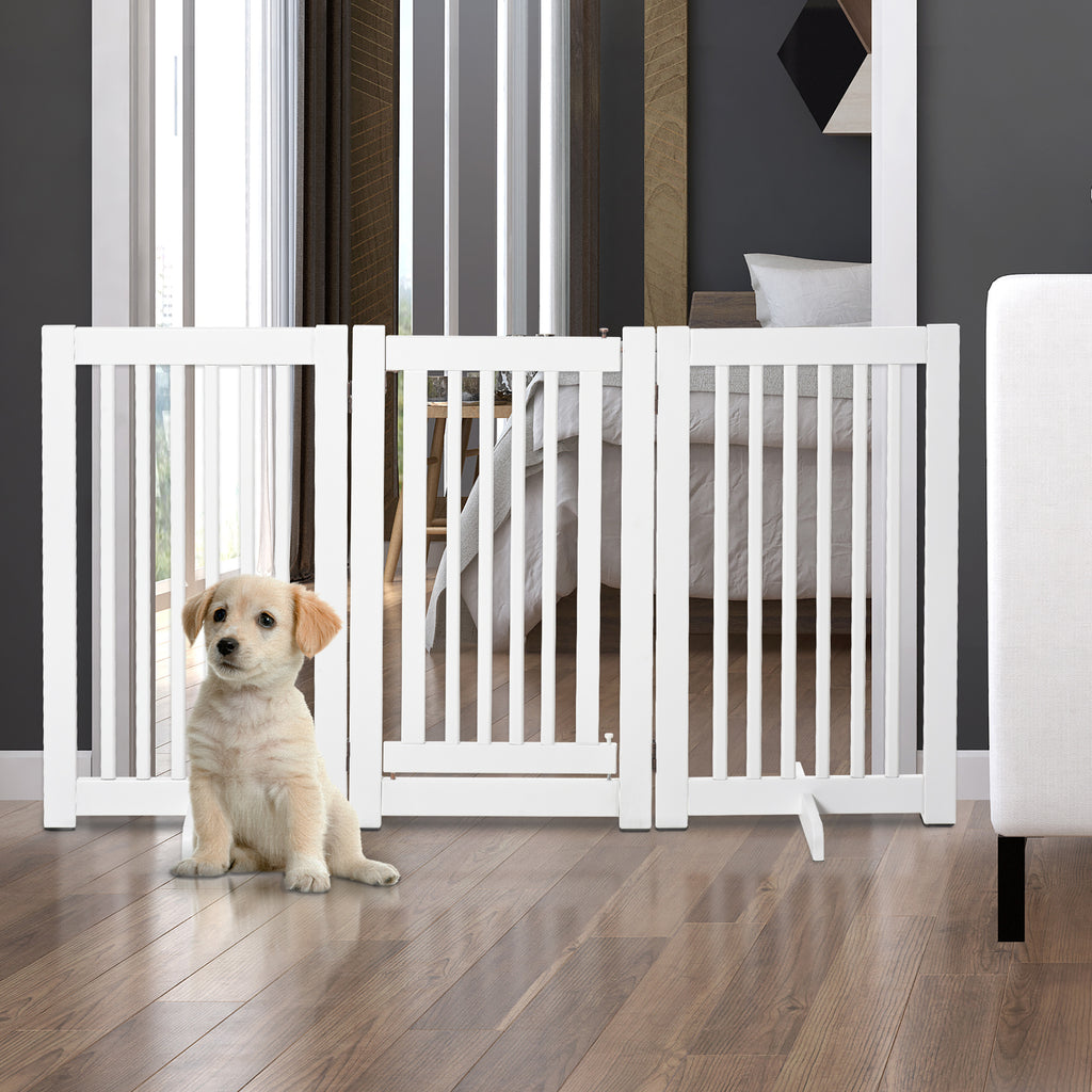 PawHut Dog Gate Wood Doorway Freestanding Safety Pet Barrier Fence Foldable w/ Latch Support Feet White, 155 x 76 cm - Inspirely