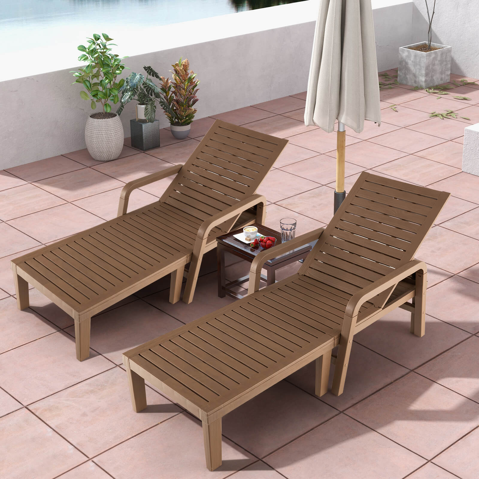 Patio PP Chaise Lounge Chair with 4-Position Adjustable Backrest-Natural