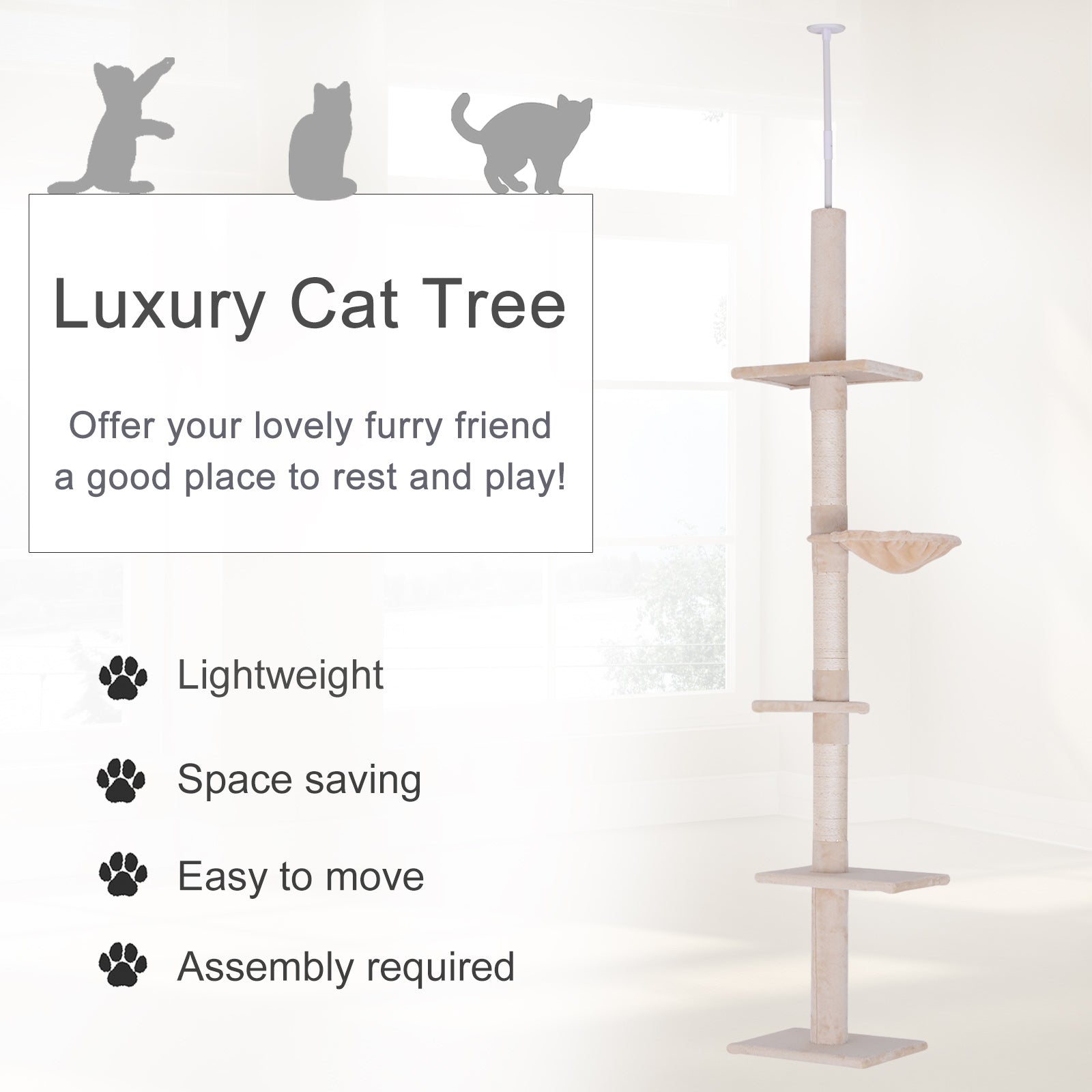 PawHut Floor to Ceiling Cat Tree 5-Tier Kitty Tower Activity Center Scratching Post 230-260cm - Inspirely