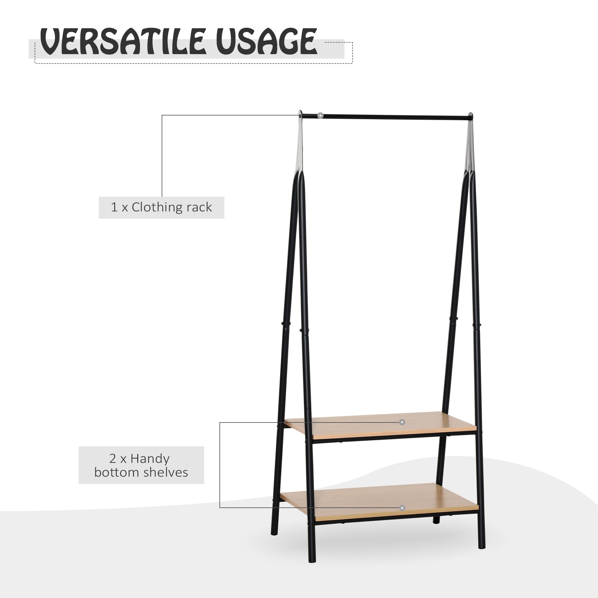 HOMCOM Clothes Rail, Freestanding Metal Clothes Rack with 2 Tier Storage Shelves for Bedroom and Entryway, 64 x 42.5 x 149 cm, Black Frame - Inspirely