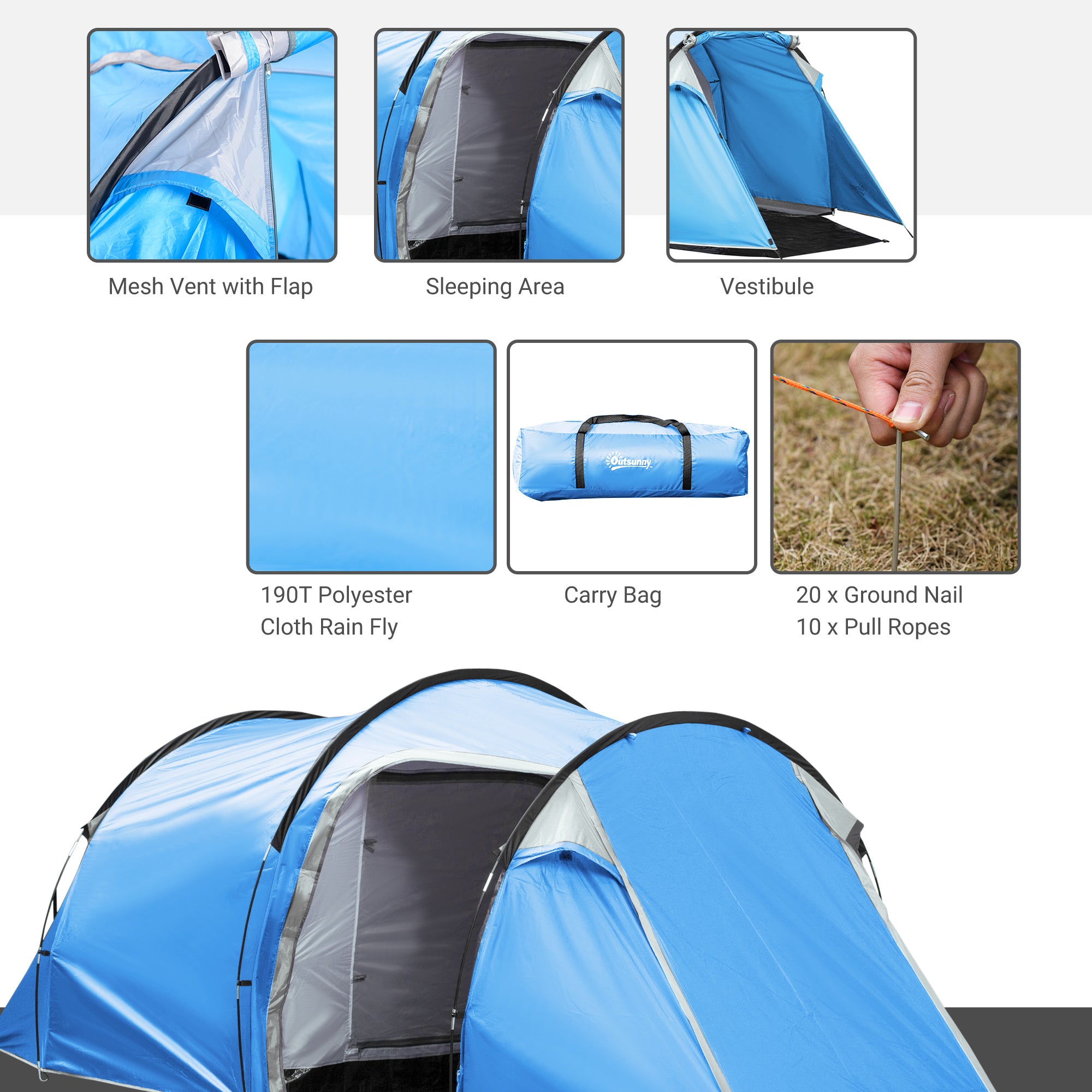 Outsunny 2-3 Man Tunnel Tents w/ Vestibule Camping Tent Porch Air Vents Rainfly Weather-Resistant Shelter Fishing Hiking Festival Shelter Blue - Inspirely