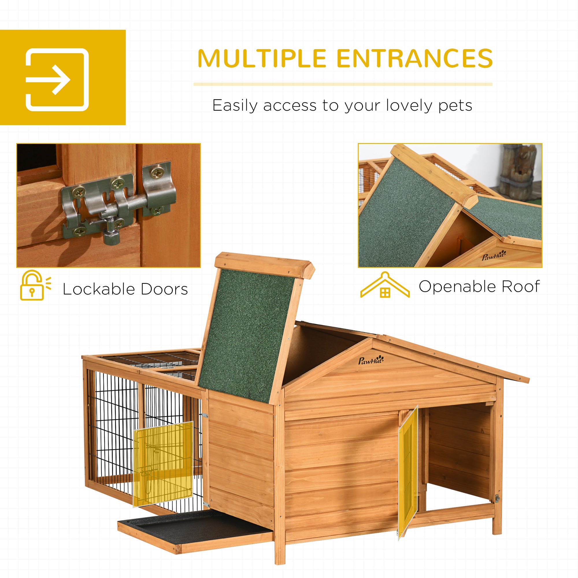 PawHut Wooden Rabbit Hutch Outdoor, Guinea Pig Hutch, Detachable Rabbit Cage w/Openable Run & Roof Lockable Door Slide-out Tray Golden Red