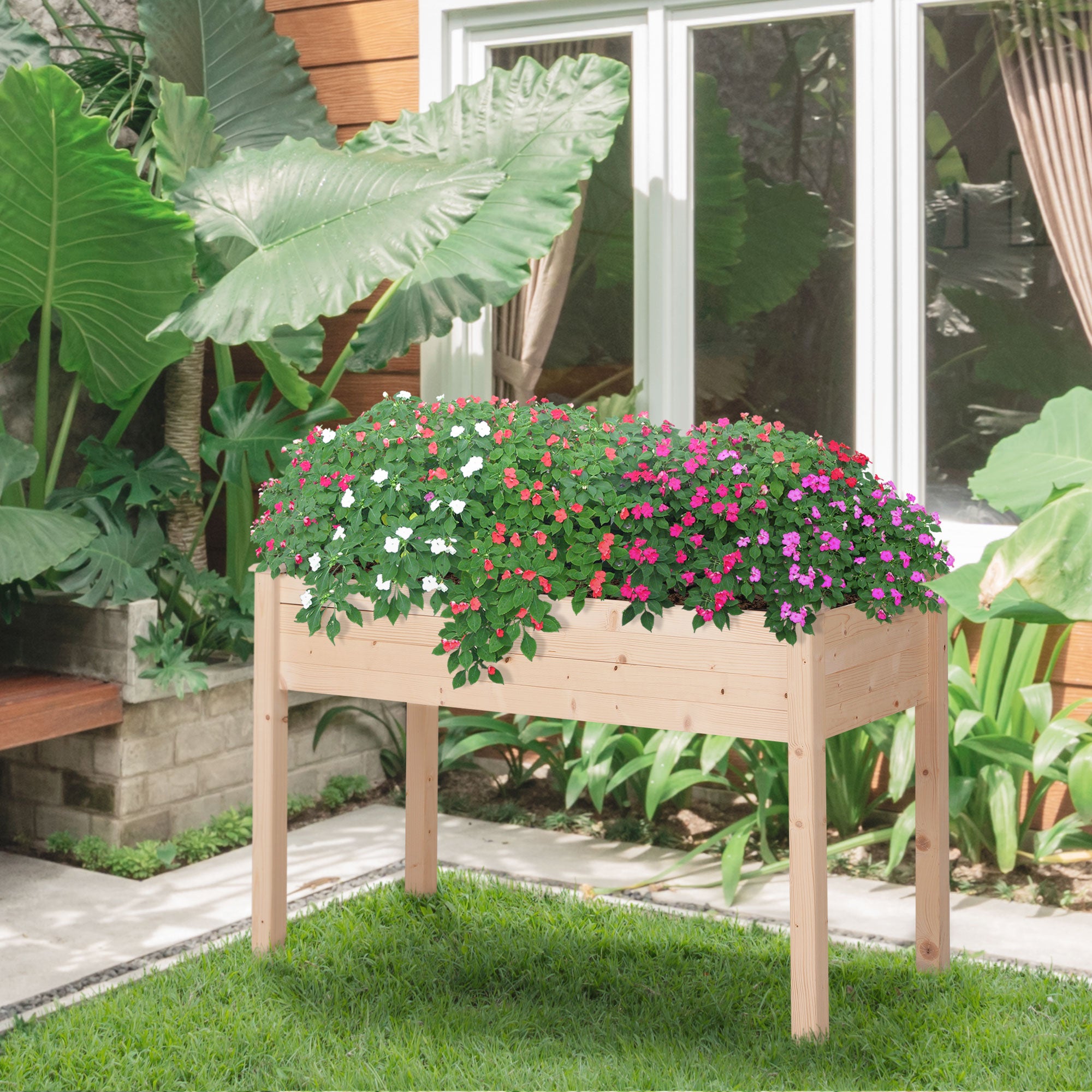 Outsunny Garden Rectangular Wooden Planter Flower Elevated Raised Bed Stand Pot Outdoor Planter Vegetable Herb Holder - 76H x 122.5L x 56.5Wcm - Inspirely
