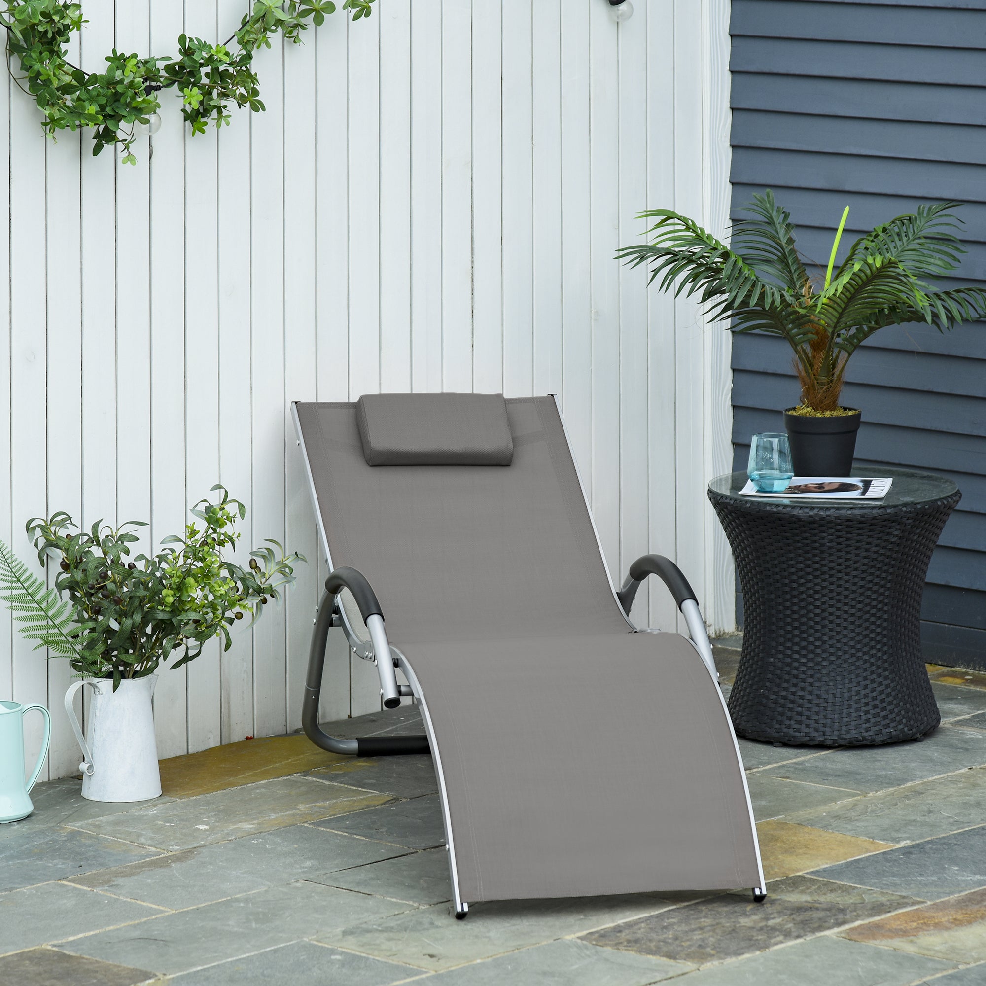 Outsunny Ergonomic Lounger Chair Portable Armchair with Removable Headrest Pillow for Garden Patio Outside All Aluminium Frame Khaki - Inspirely
