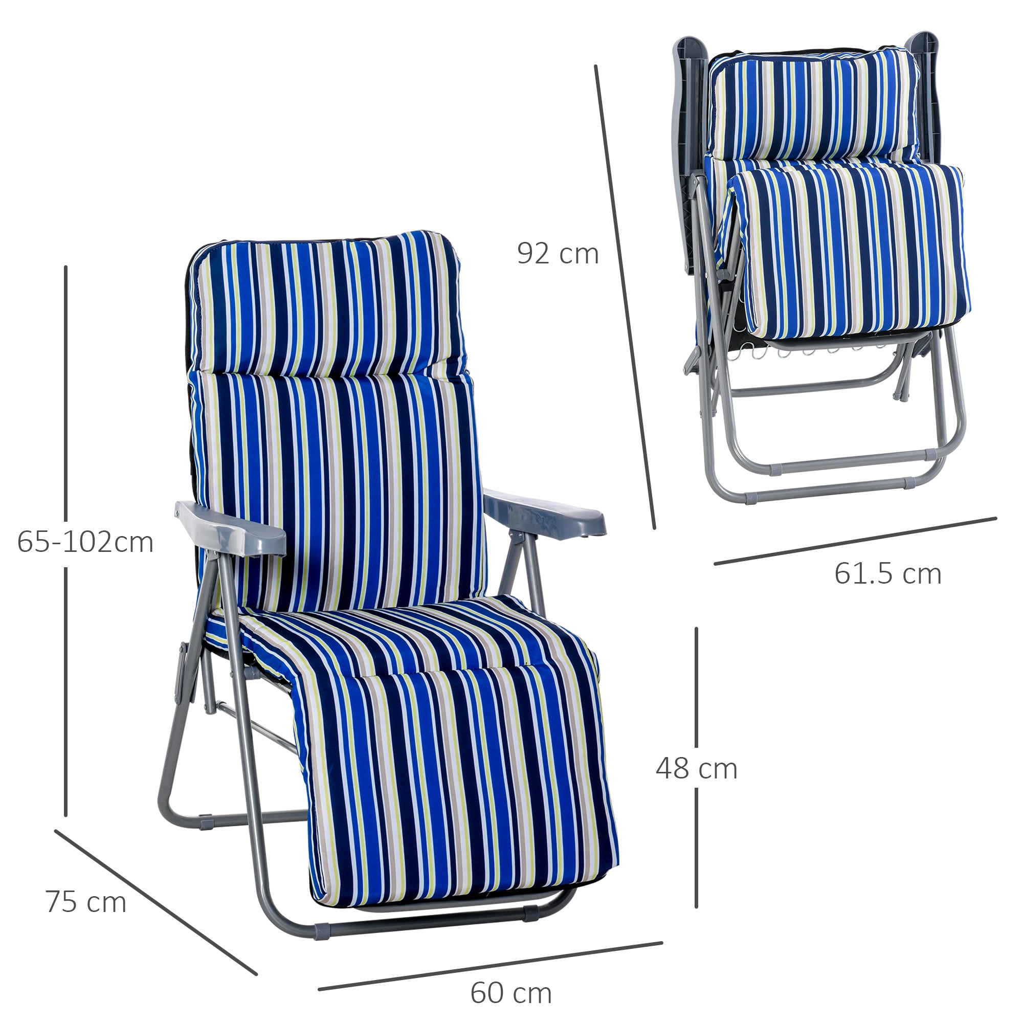 Outsunny Set of 2 Garden Sun Lounger Outdoor Reclining Seat Cushioned Seat Foldable Adjustable Recliner Blue and White - Inspirely