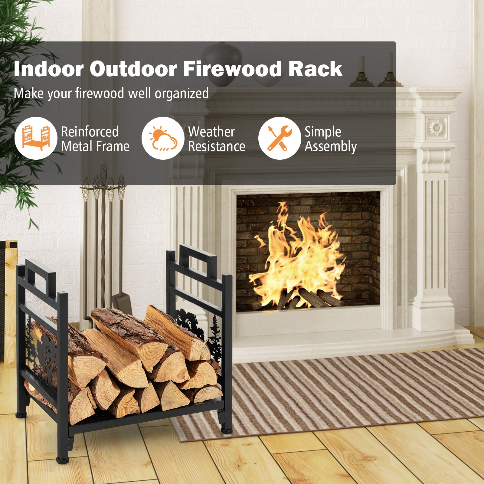 Decorative Firewood Rack with Side Handles and Adjustable Footpads