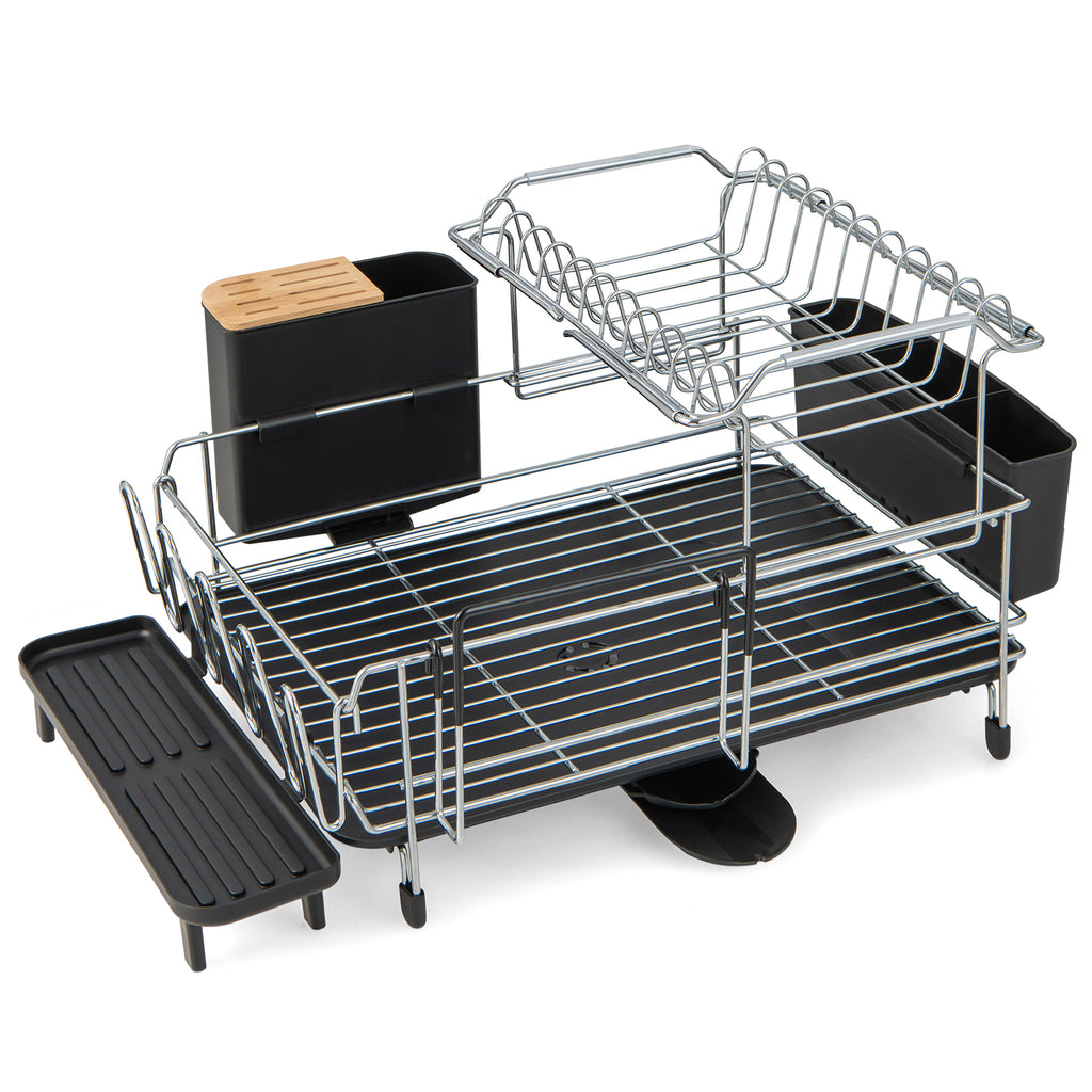 2-Tier Detachable Kitchen Dish Drying Rack with Drainboard-Silver