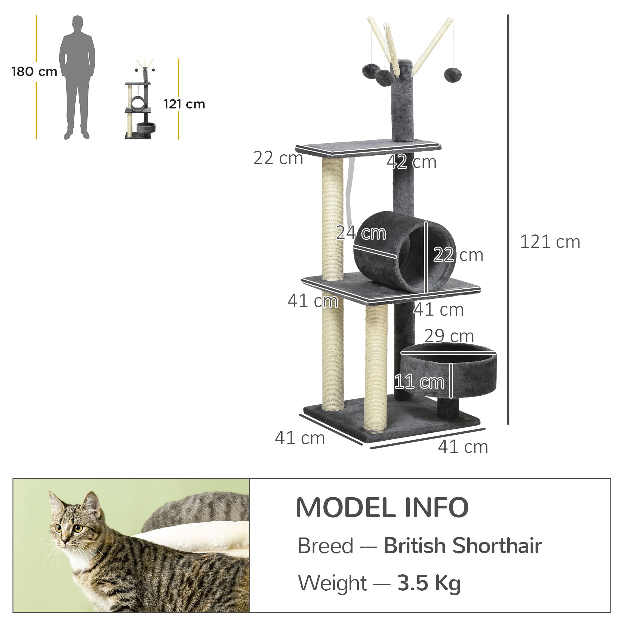 PawHut 121cm Cat Tree Tower for Indoor Cats Kitten Activity Center Scratching Post with Bed Tunnel Perch Interactive Ball Toy, Grey