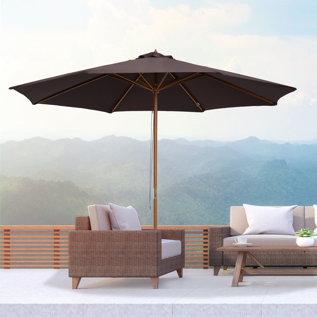 Outsunny ⌀3m Bamboo Wooden Market Patio Umbrella Garden Parasol Outdoor Sunshade Canopy, 8-ribs,Coffee - Inspirely