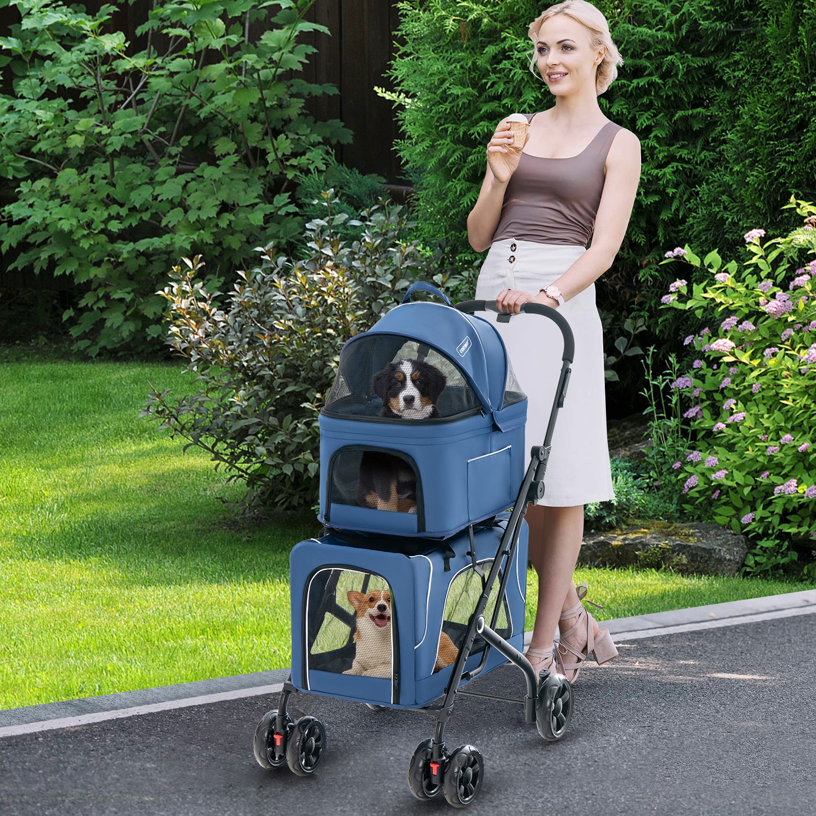 Foldable Double Pet Stroller with Detachable Carriers-Blue