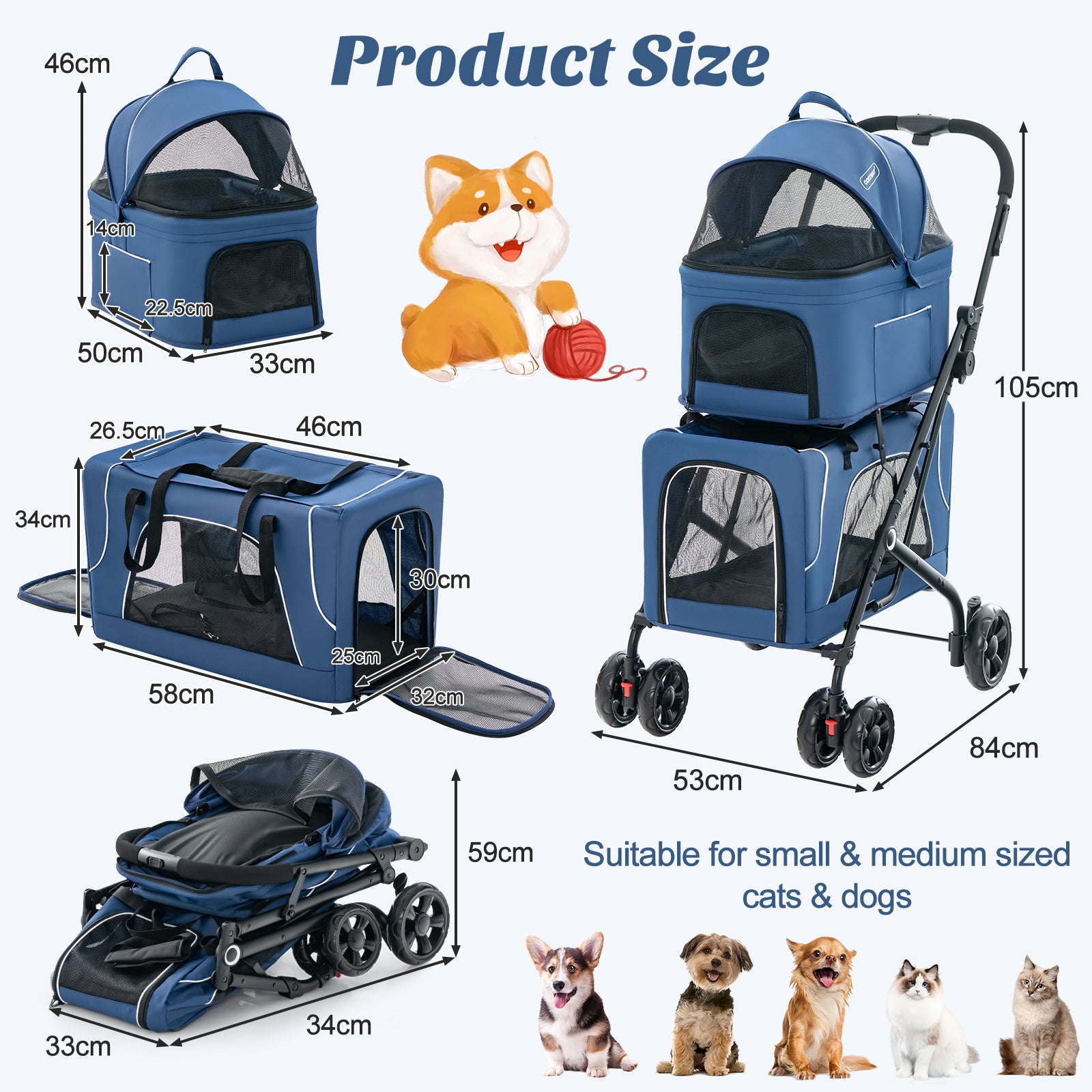 Foldable Double Pet Stroller with Detachable Carriers-Blue